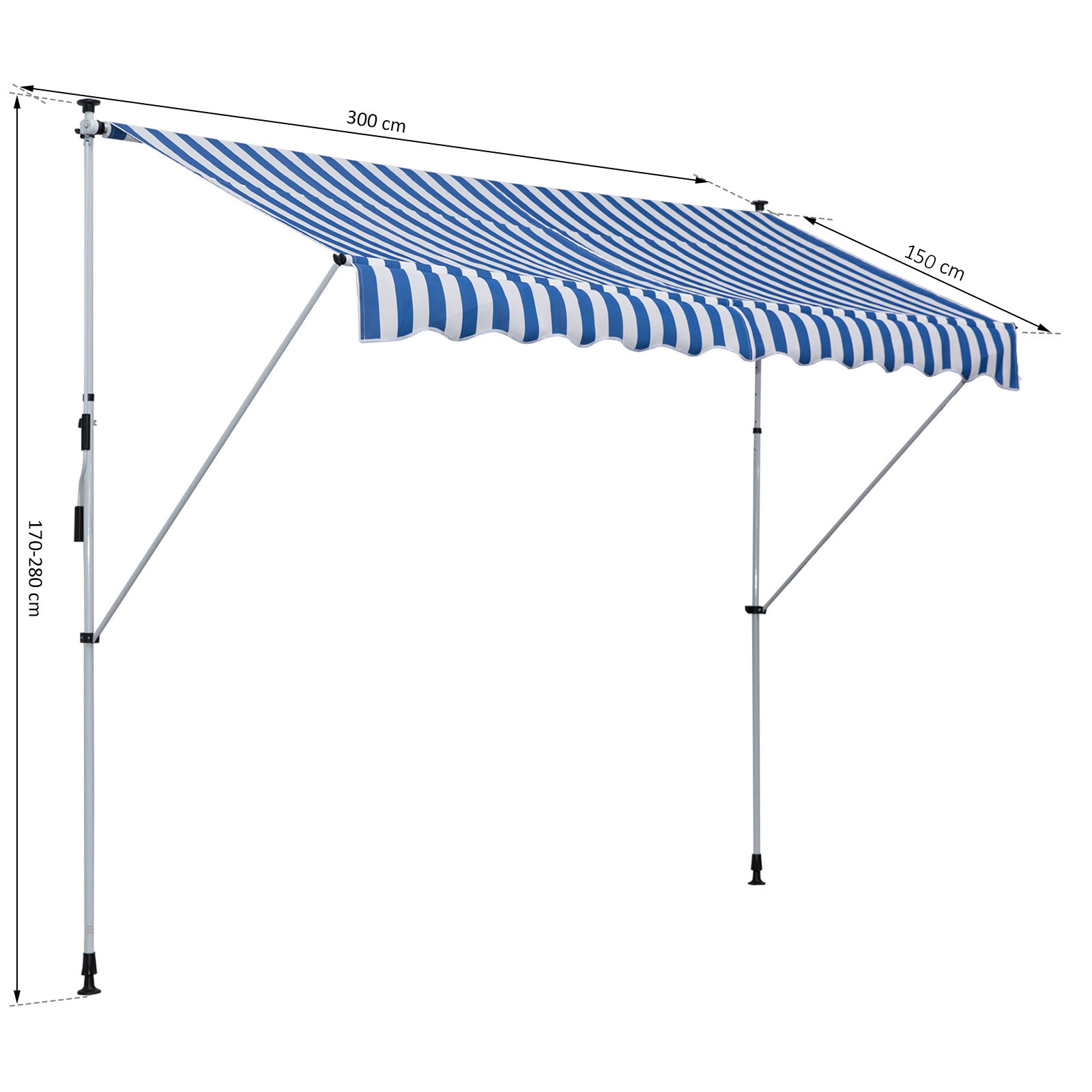 Klemmmarkise mit Handkurbel höhenverstellbar Gelenkarmmarkise schmutzabweisend, witterungsbeständig Balkonmarkise 150cm breit Terrassenmarkise für Terrasse Balkon Veranda Blau+Weiß