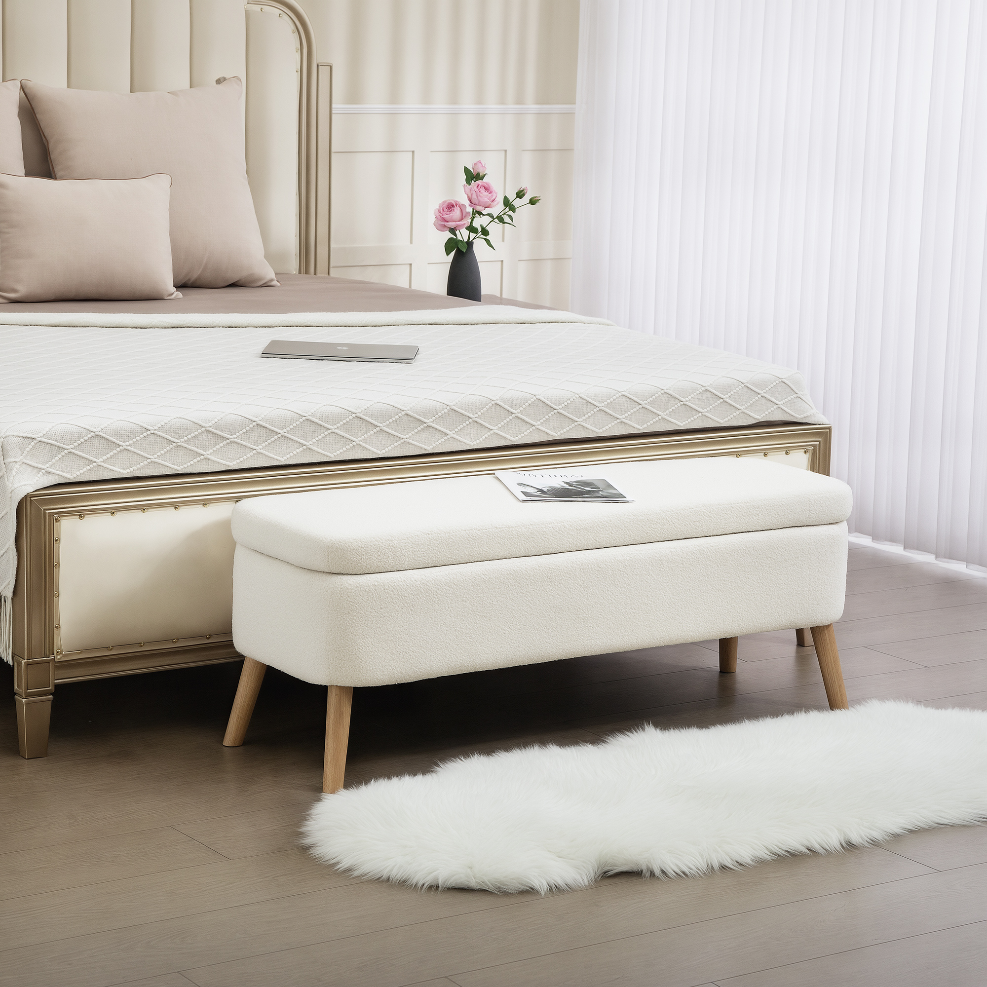 Aufbewahrungsbank, Sitzbank mit 65 L Stauraum, Teddy-Fleece-Stoff, Kautschukholz, 120 x 42 x 45 cm, Cremeweiß