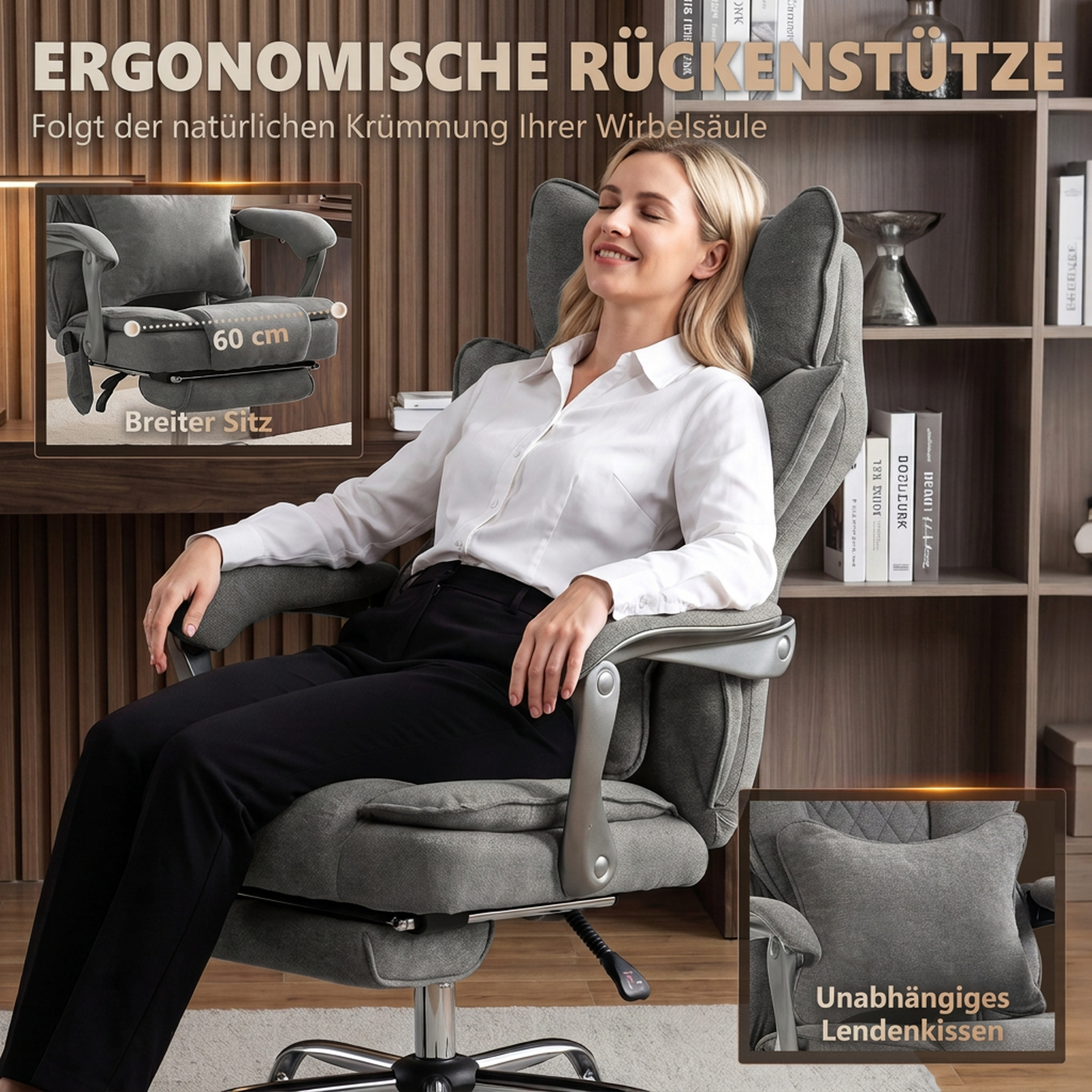 Bürostuhl mit Massage- und Wärmefunktion, bis 180 kg, verstellbar, in Leinenoptik, Lendenstütze, breiter Sitz, grau