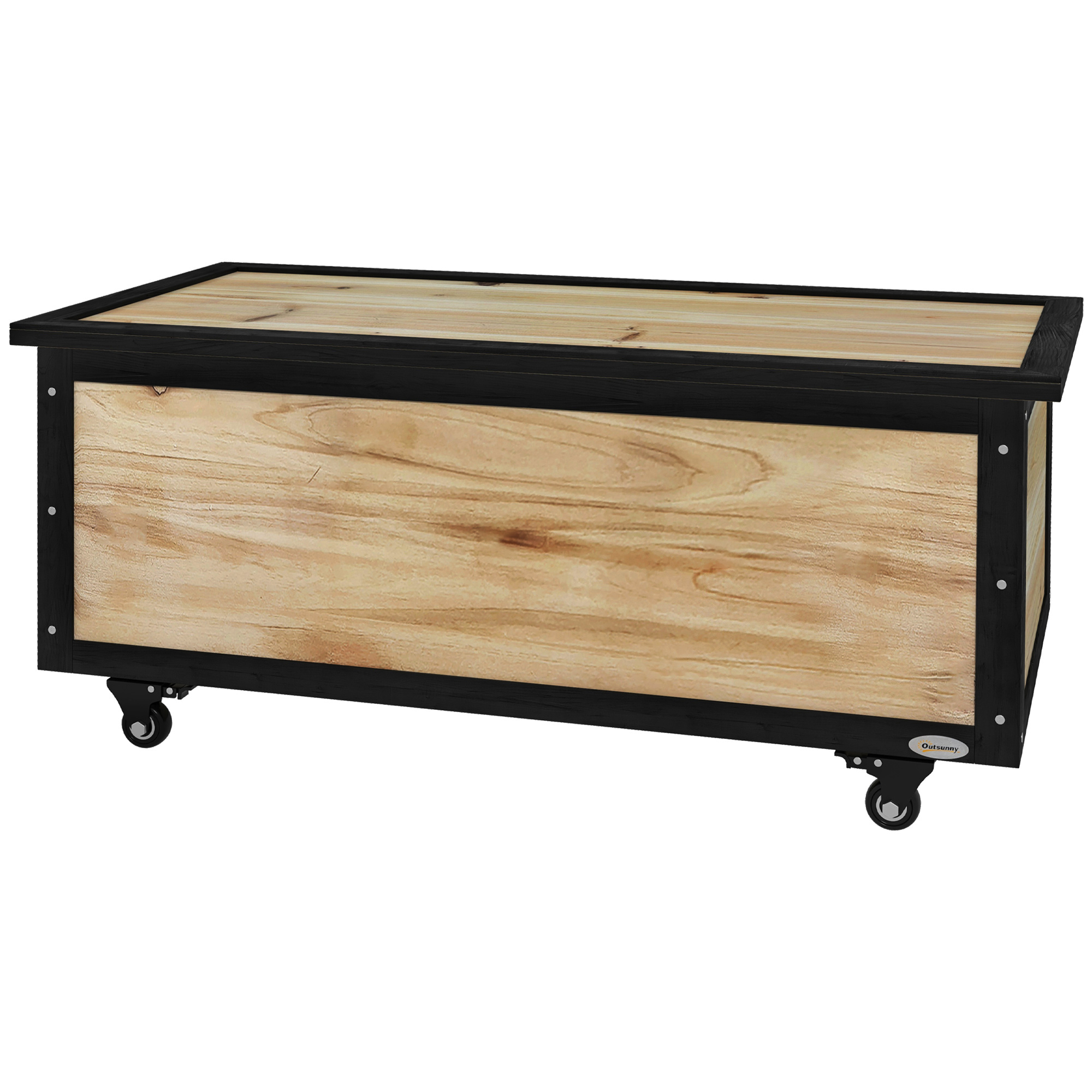 Garten-Aufbewahrungsbox, 121 Liter, 2 Räder, wetterfest, Metallscharniere, Naturholz, 100x50x43 cm Garten-Aufbewahrungsbox, 121 Liter, 2 Räder, wetterfest, Metallscharniere, Naturholz, 100x50x43 cm