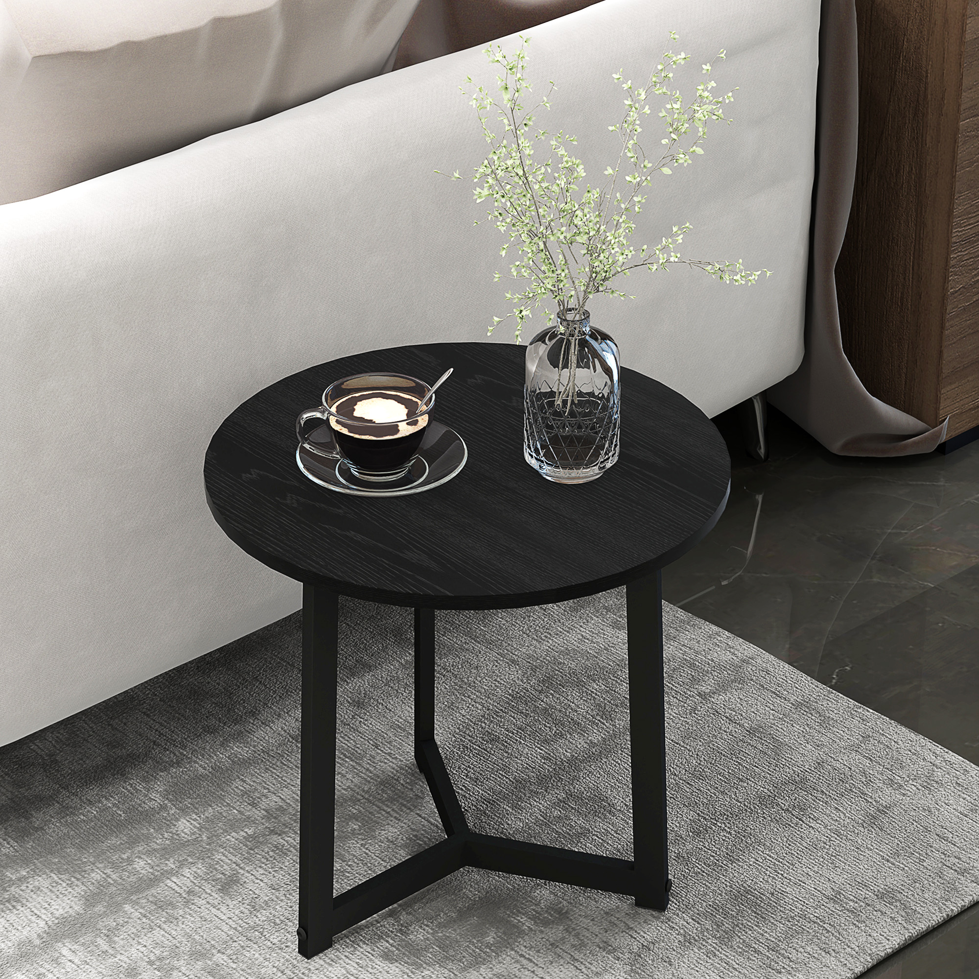 Moderner Couchtisch als 2er-Set, Metallrahmen, MDF, Rundes Design, ineinander verschiebbar, Schwarz