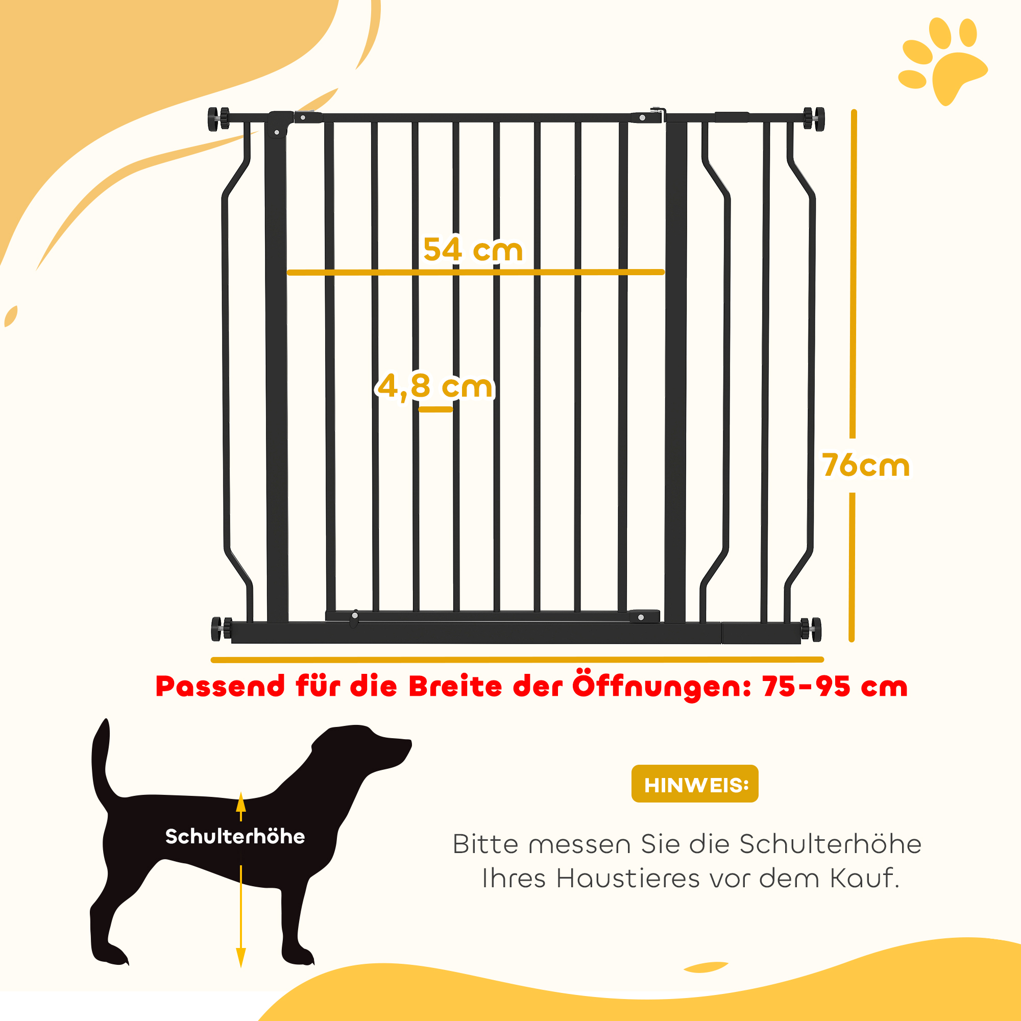 Hunde-Absperrgitter, Klemmmontage, verstellbare Länge, Stahl/ABS, 75-95 x 76cm, Schwarz