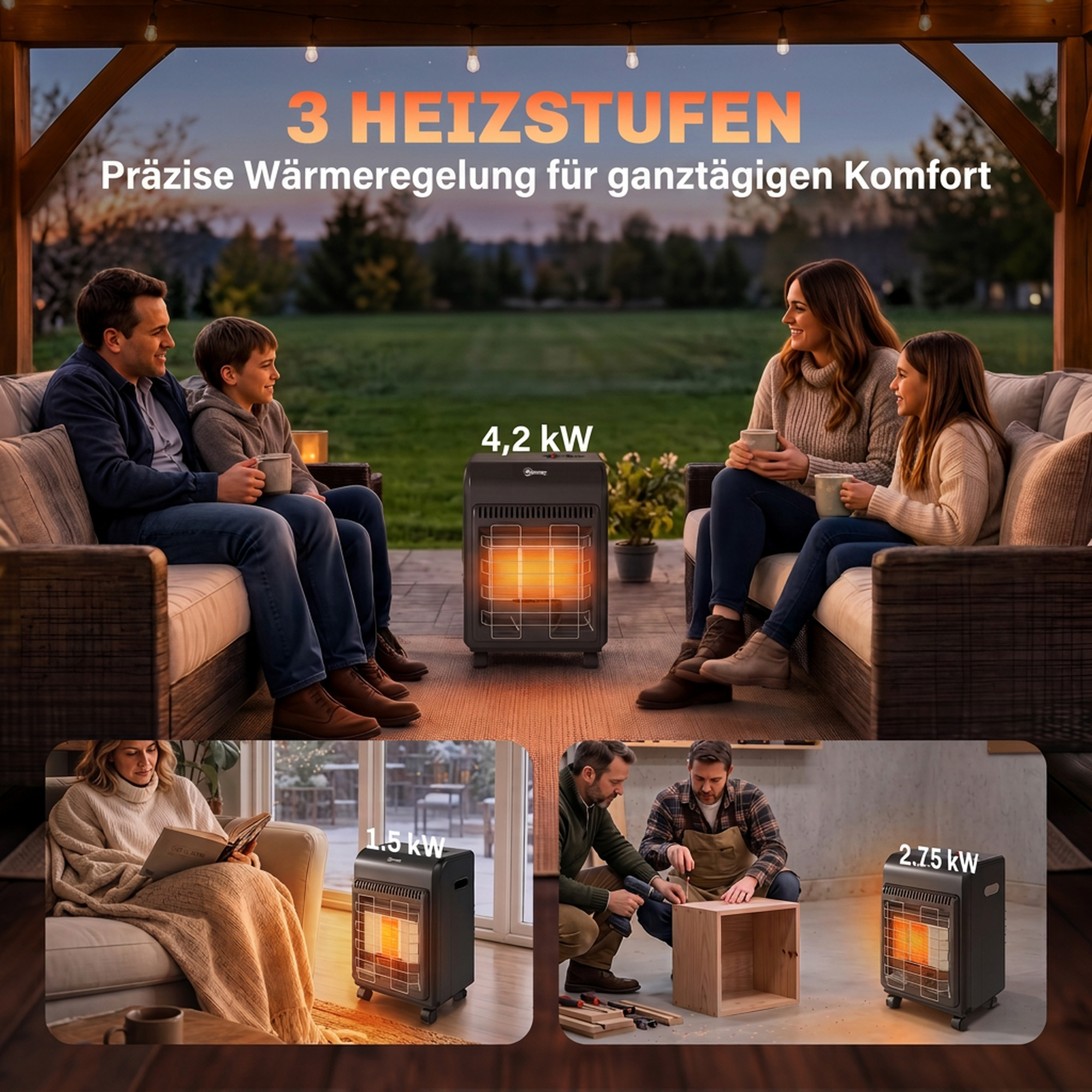 Gas Heizstrahler Outdoor 1,5-4,2 kW Terrassenheizer mit Rollen 3 Leistungsstufen 50 cm Schlauch Druckregler