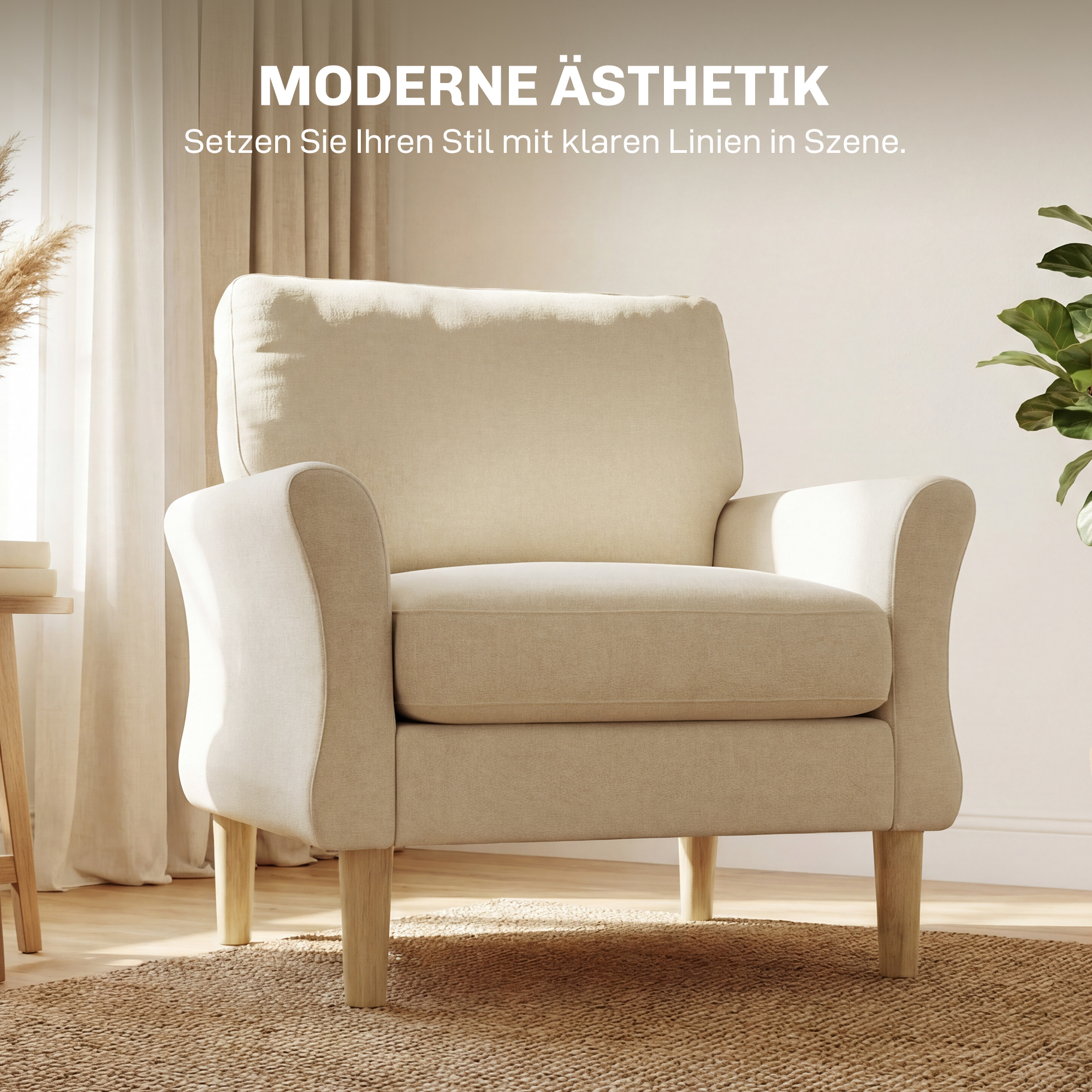 samtgepolsterter Sessel, Übergroßer Akzentstuhl mit Holzbeinen, Lesesessel für Wohn- und Schlafzimmer, Cremeweiß