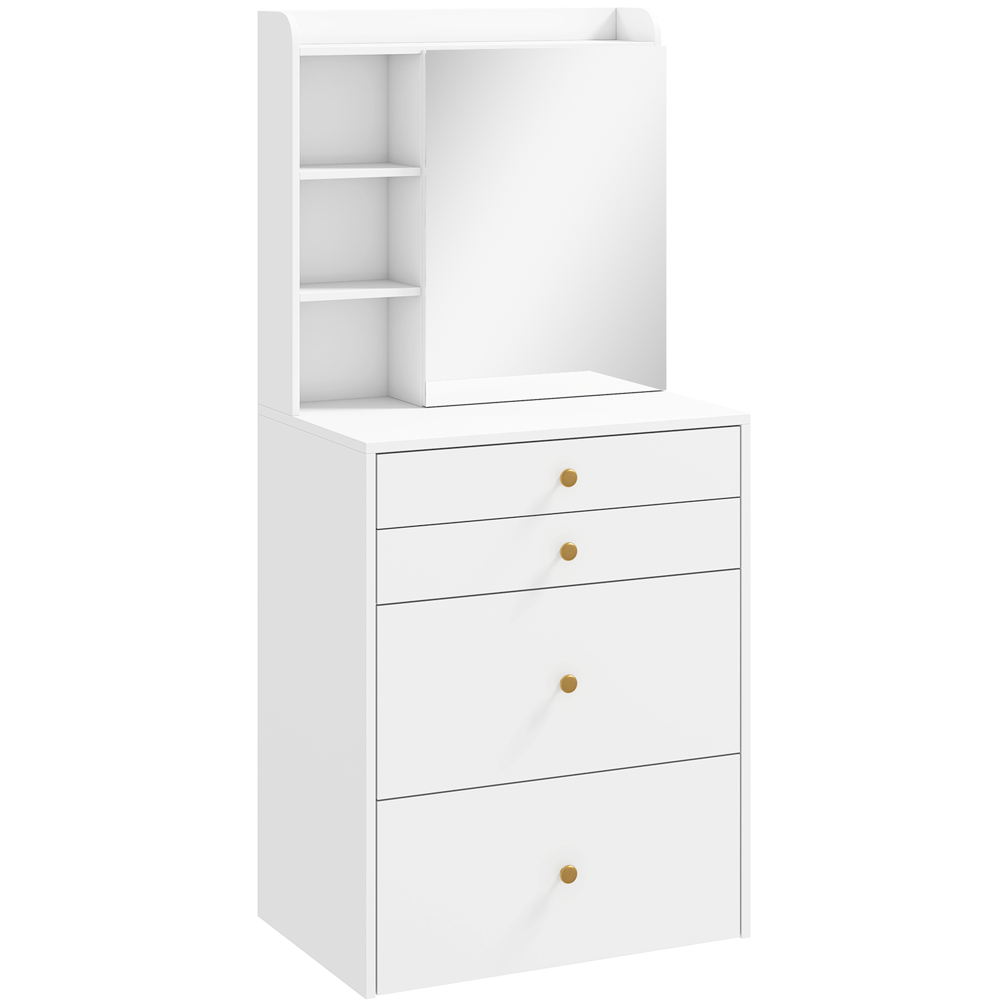 Schminktisch mit Spiegel und gepolstertem Hocker, kompakter Frisiertisch mit Schrank, Schubladen und offenen Ablagen, Weiß