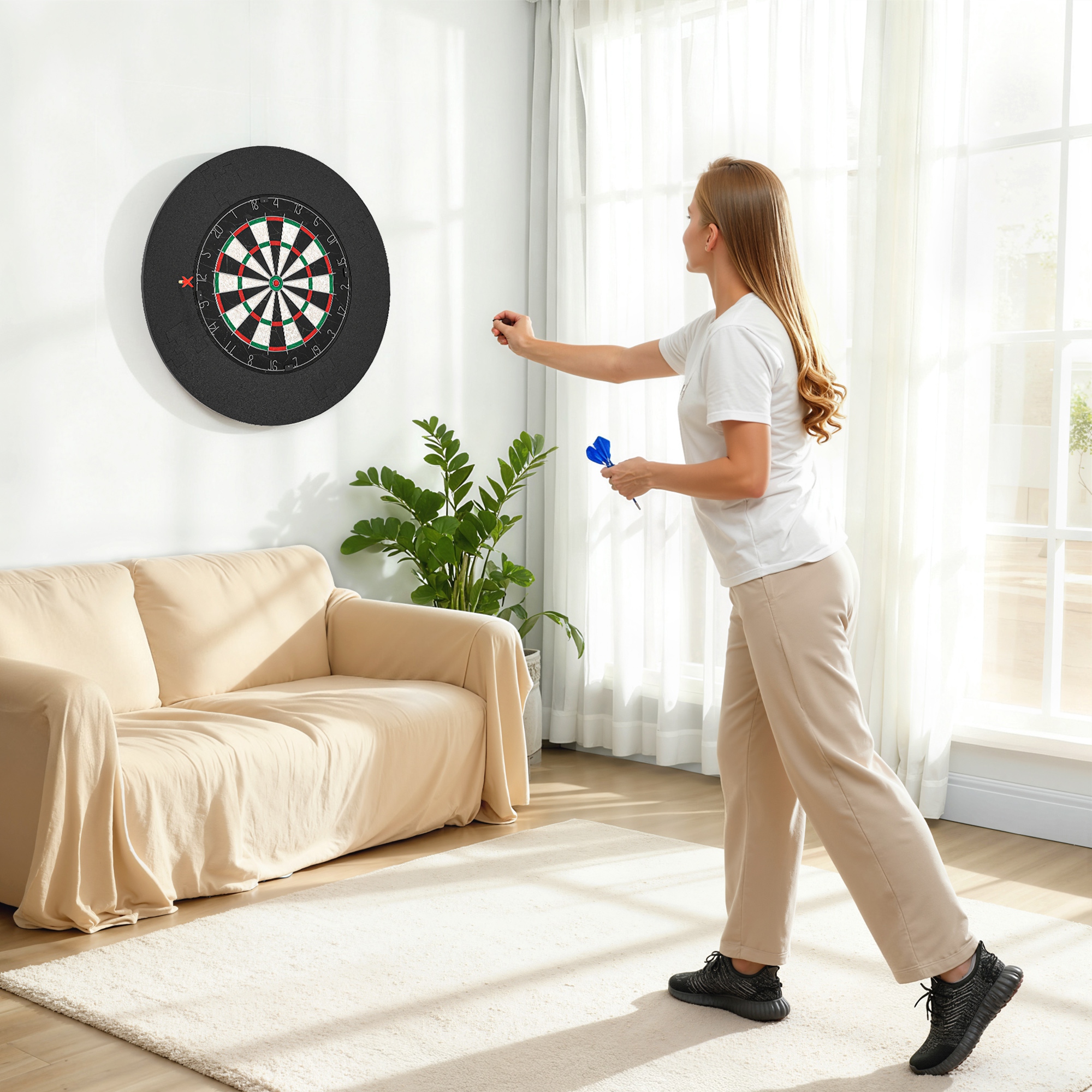 elektronische Dartscheibe Dartboard-Set mit Schutzring, 6 Dartpfeile mit Stahlspitzen, Sisal, Kunststoff, Schwarz