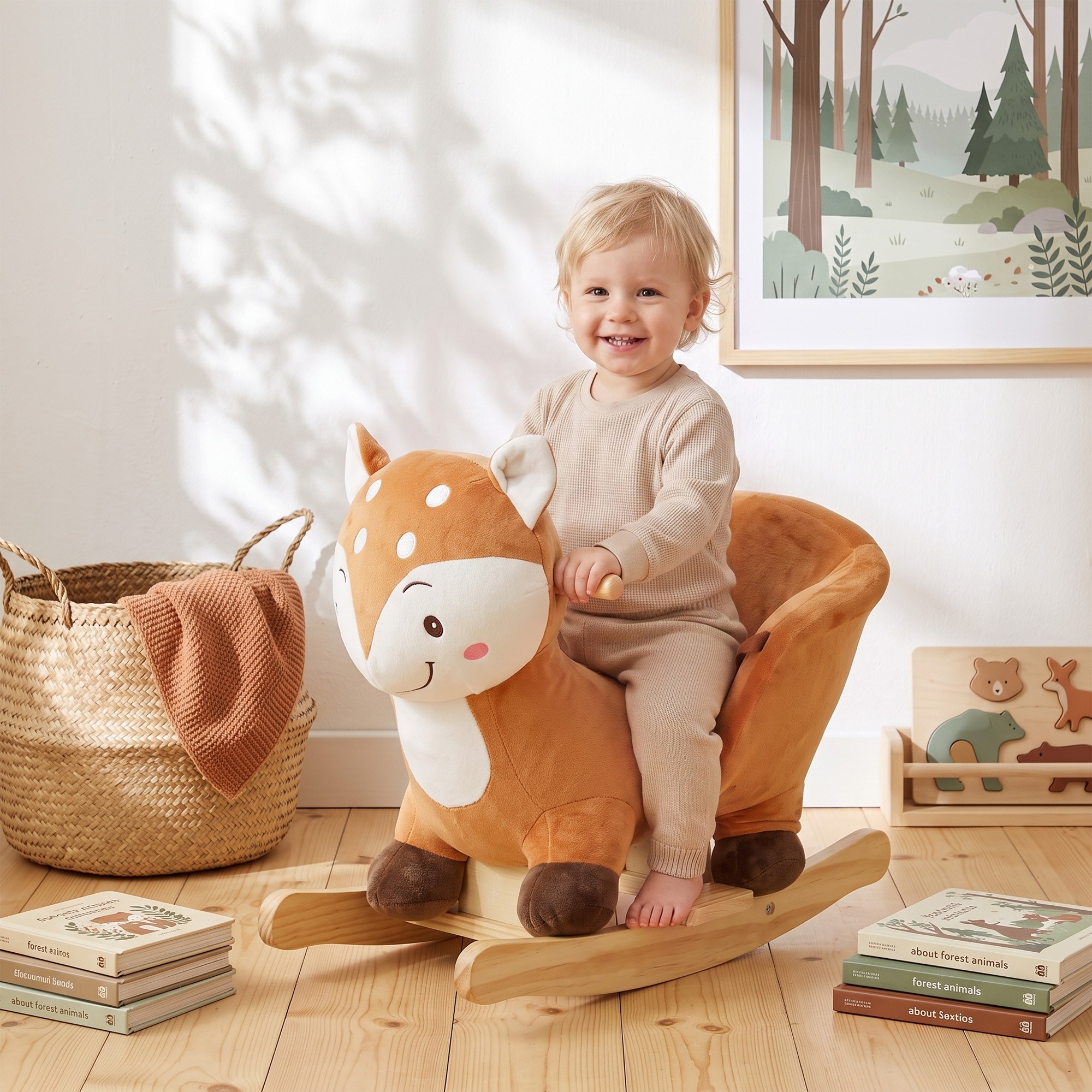 Schaukelpferd im Hirsch-Design, stabiles Plüsch-Schaukelpferd mit Tiergeräuschen, Sicherheitsgurt und Schaukelstopp