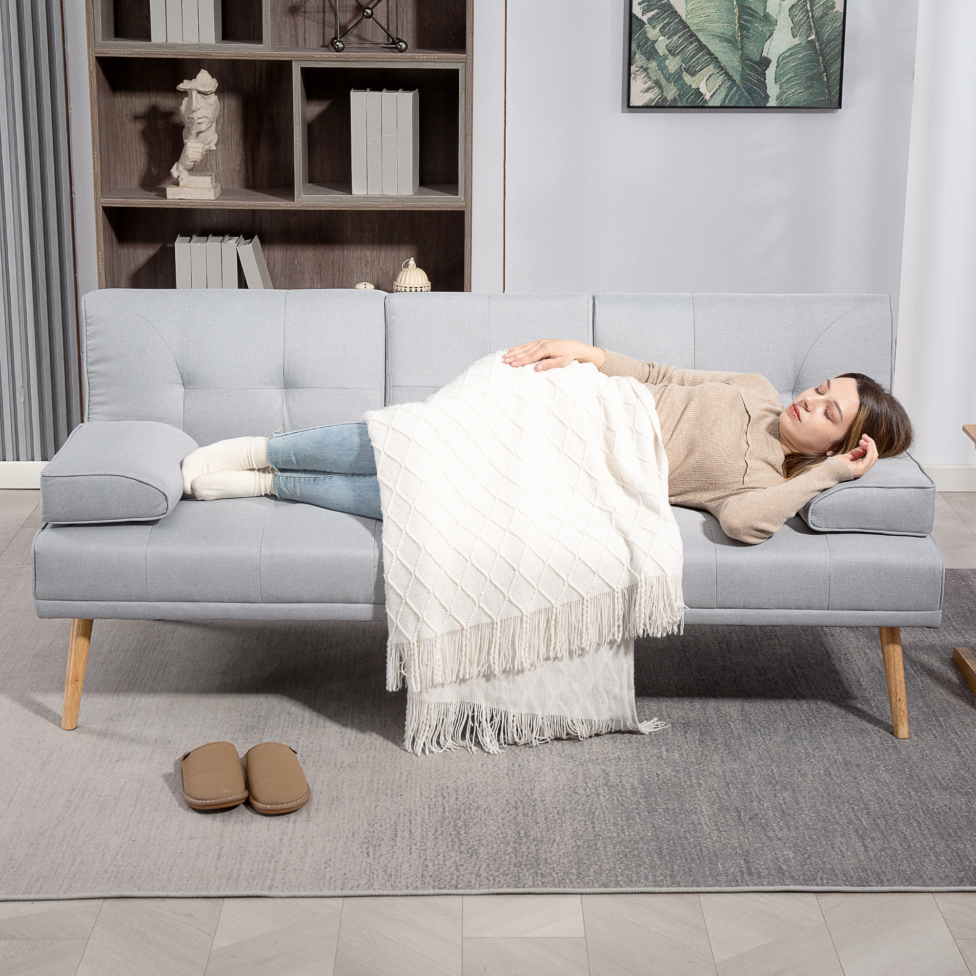 Schlafsofa, 3-Sitzer-Sofa, Bettsofa mit Klappbarem Tisch, Stoffsofa mit Leinenoptik, Schlafcouch mit Becherhalter, im Skandi-Design, bis 250 kg Belastbar, Hellgrau