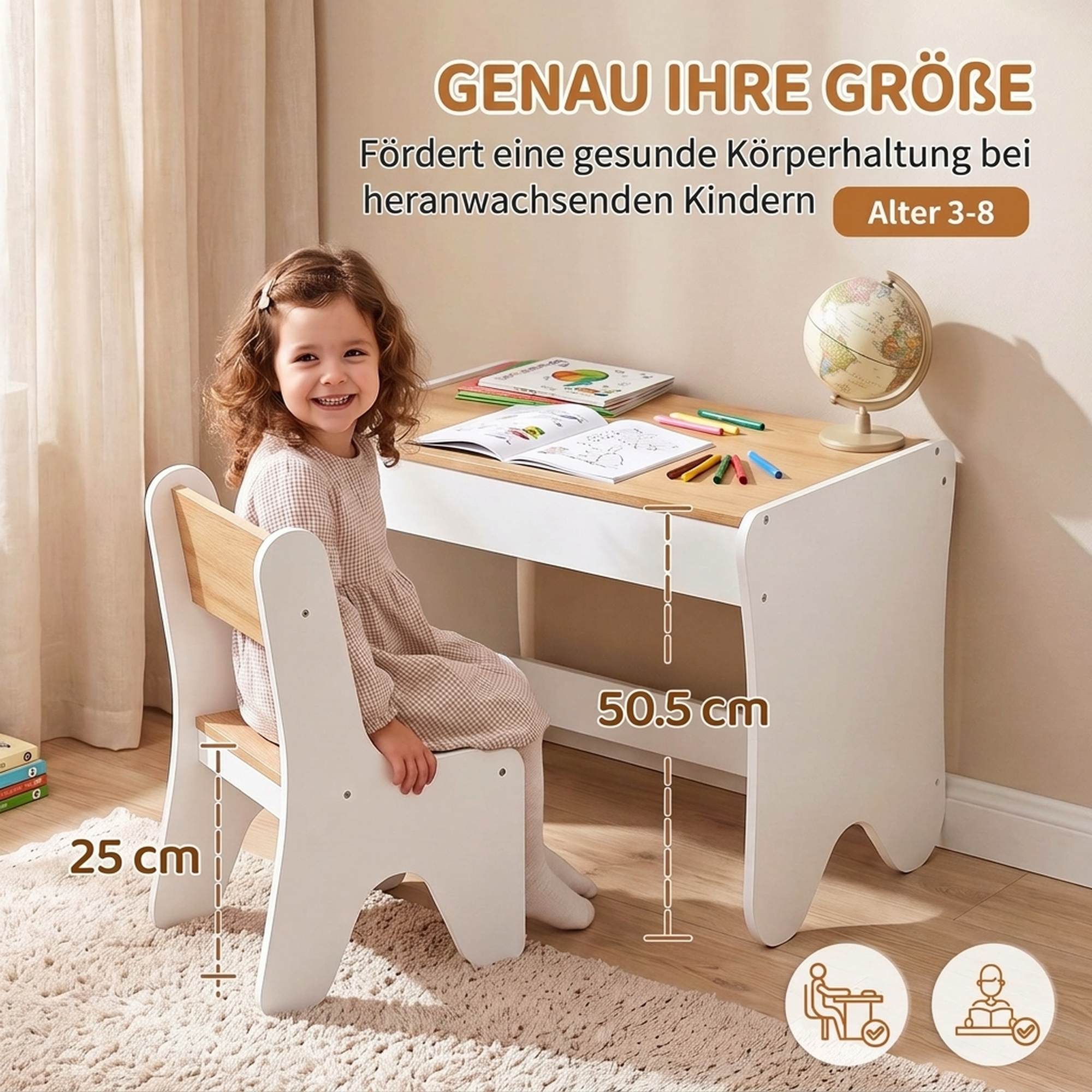 Kindertisch mit Stuhl 2 teilige Kindersitzgruppe mit Schublade Abgerundete Kanten, Platzsparend für Kinder 3-8
