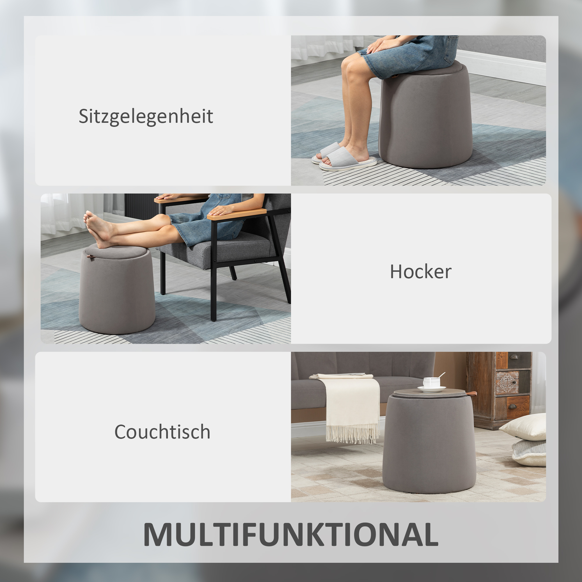 2-in-1 Hocker in Samtoptik inklusive Stauraum und abnehmbaren Deckel Φ44 cm x 47,5 cm Grau