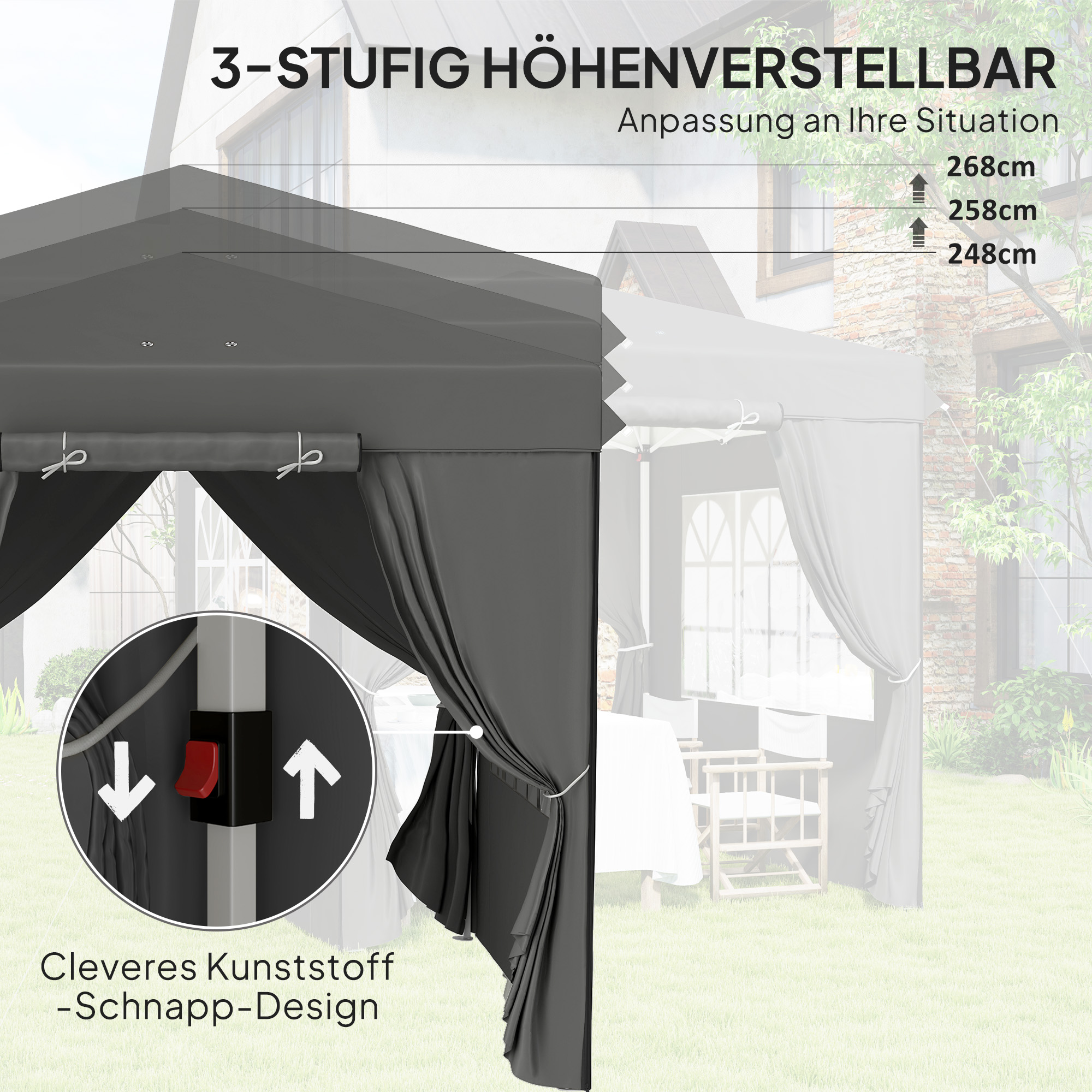 2,5 x 2,5 m Pop-up-Pavillon mit Seitenwänden und Transporttasche, UPF50+ höhenverstellbares Gartenzelt, Dunkelgrau