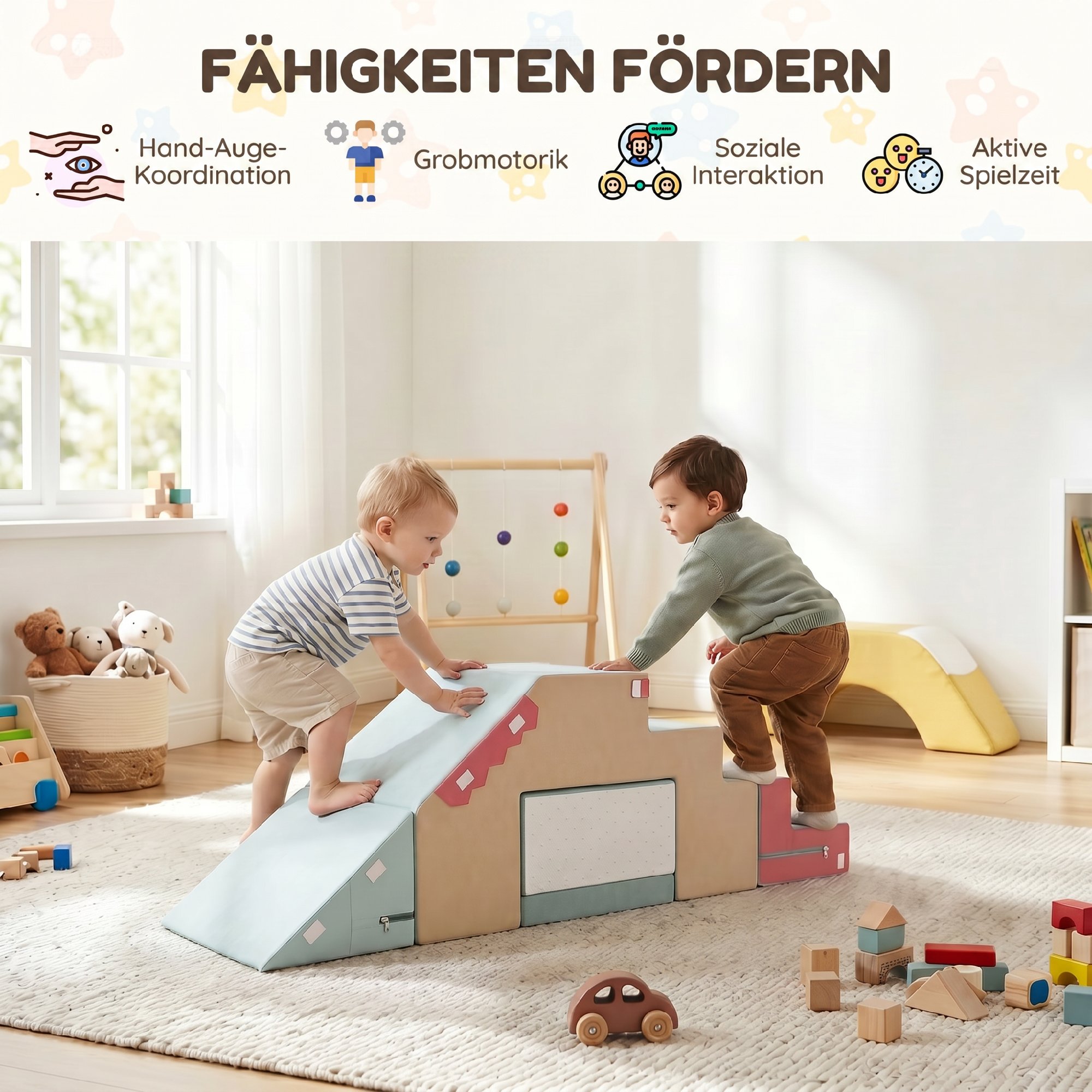 2-teiliges Schaumstoff Bausteine für Kleinkinder mit abnehmbaren Bezügen, Indoor-Kletter- und Krabbelspielset, Blau