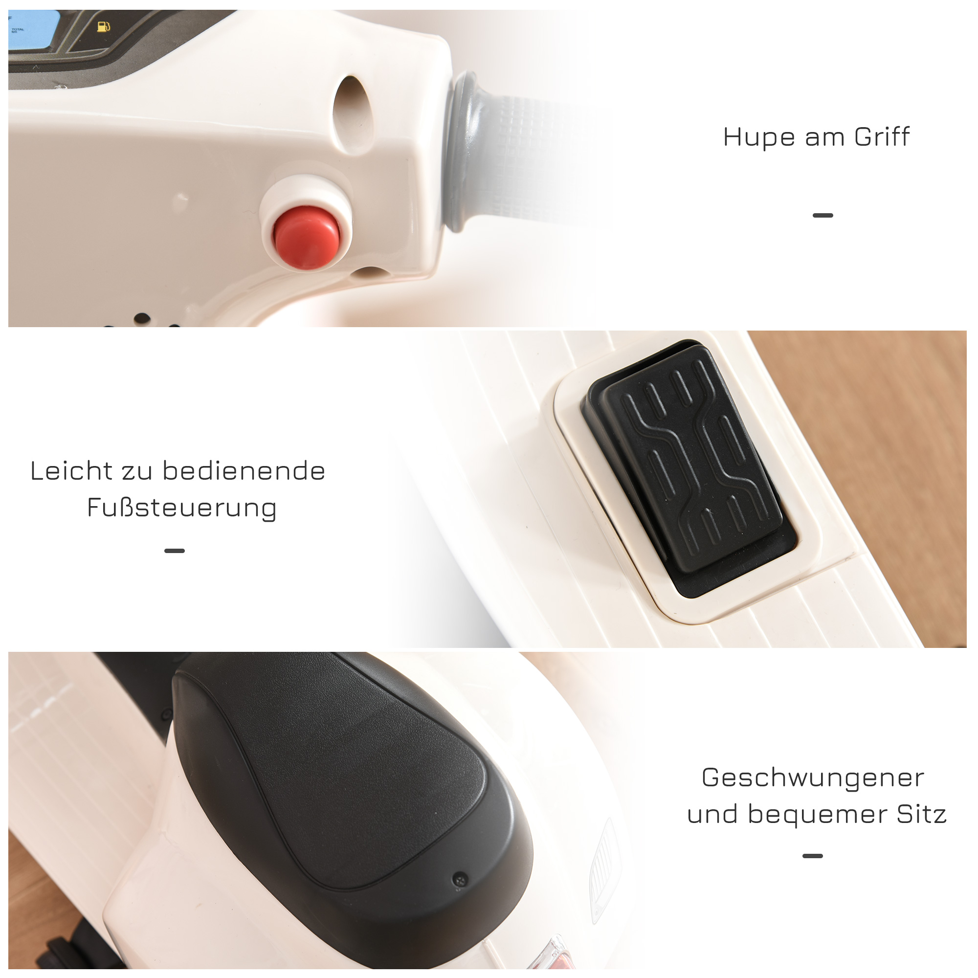 Kindermotorrad Vespa mit LED-Licht, Sound, für Kinder von 18-36 Monate, weiß