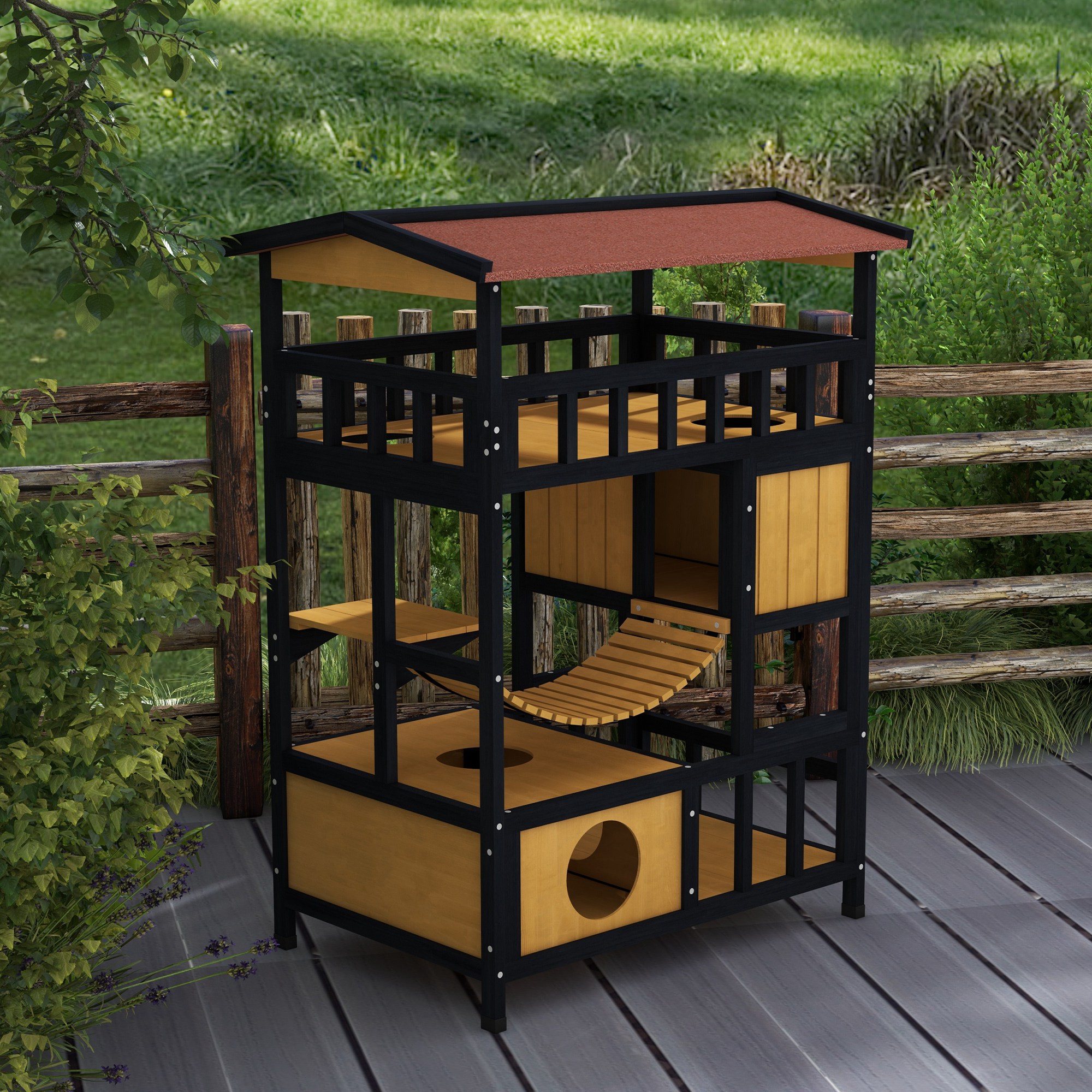 Katzenhaus, Katzenparadies mit Plattformen, Hängebrücke und Katzenhöhlen, für bis zu 2 Katzen geeignet, Holz