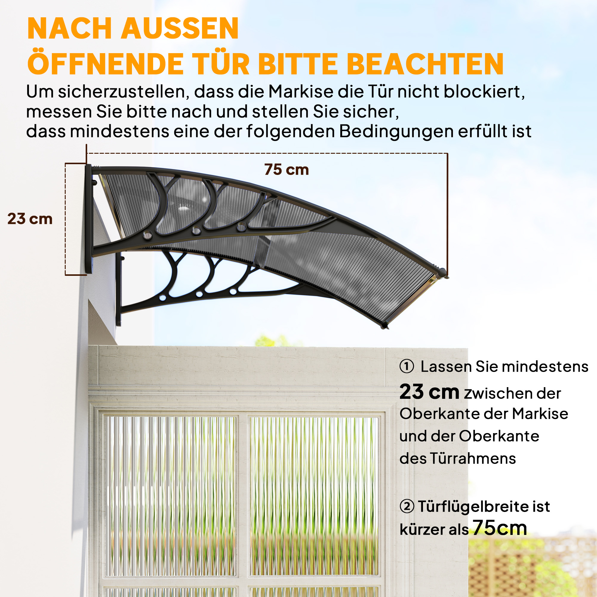 Vordach, Haustürvordach, Überdachung für Eingänge und Fenster, 100L x 75B x 23H cm, Schwarz