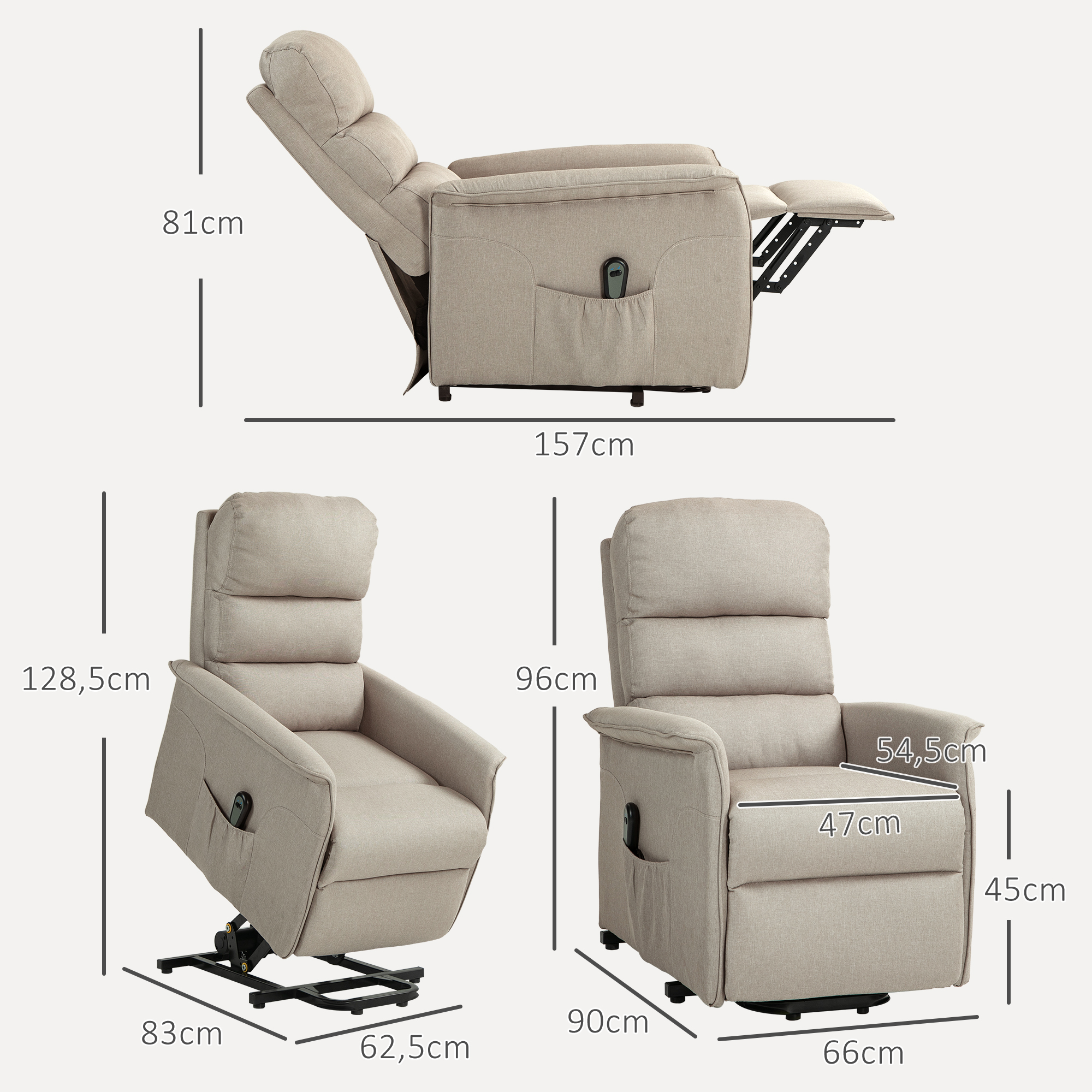 Relaxsessel mit Aufstehhilfe, verstellbare Rückenlehne/Fußstütze, bis 120 kg, 66 x 90 x 96 cm, Beige