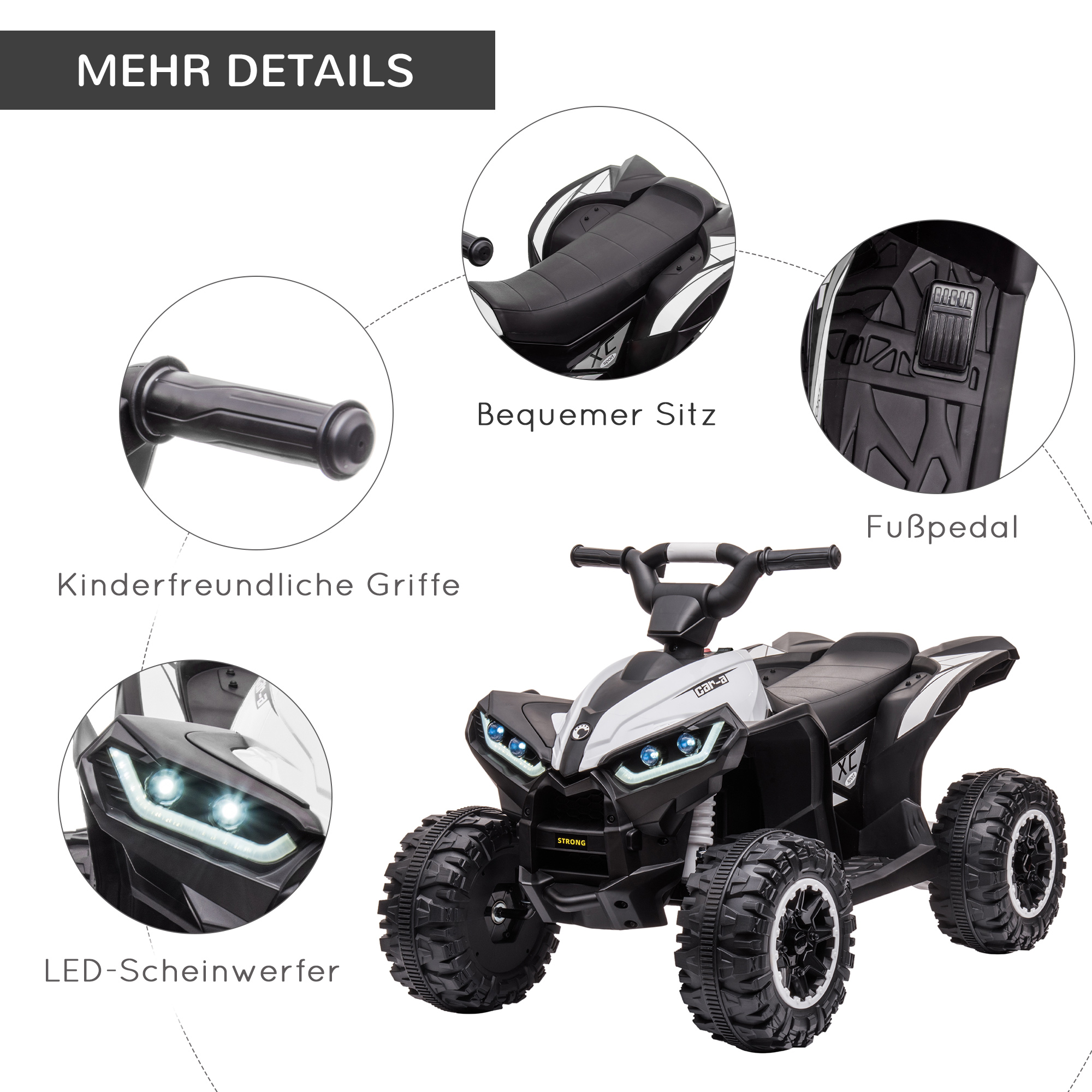 Kinder-Quad Kinderauto, 6 km/h, Sound- und Lichteffekte, : 83 cm x 53 cm x 55,5 cm, Schwarz + Weiß