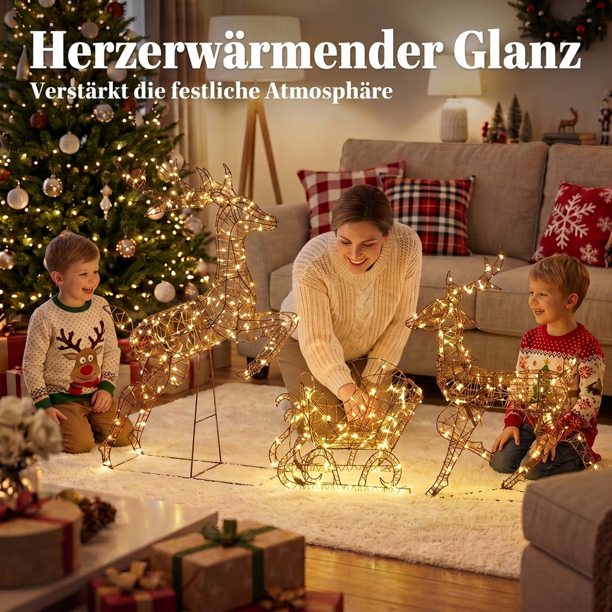 3-tlg. beleuchtetes Rentier- und Schlitten-Set, Weihnachtsdeko aus Polyrattan mit LEDs, 8 Modi, Timer