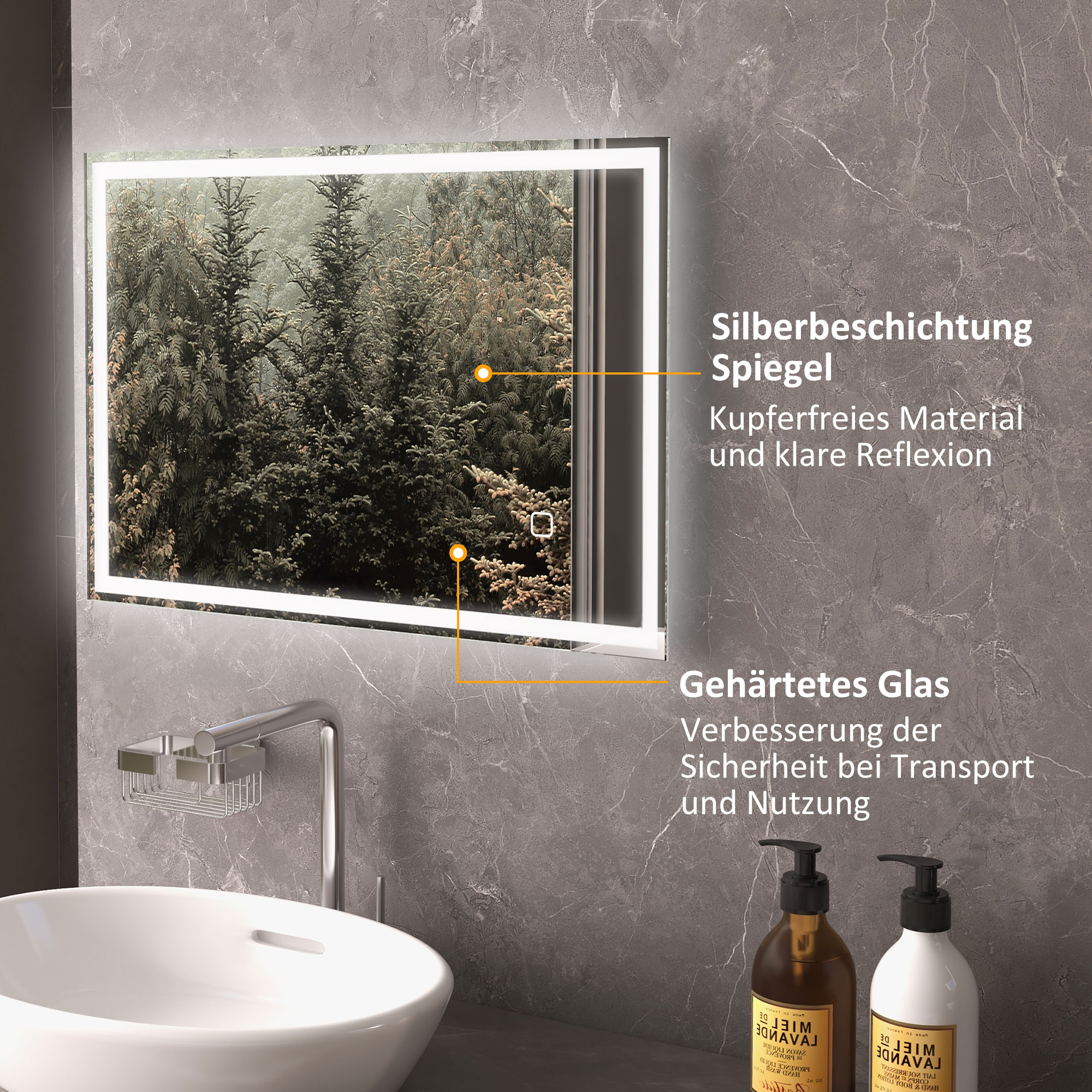 Badspiegel Badezimmerspiegel Wandspiegel LED´s. Berührungsschalter, Weiß