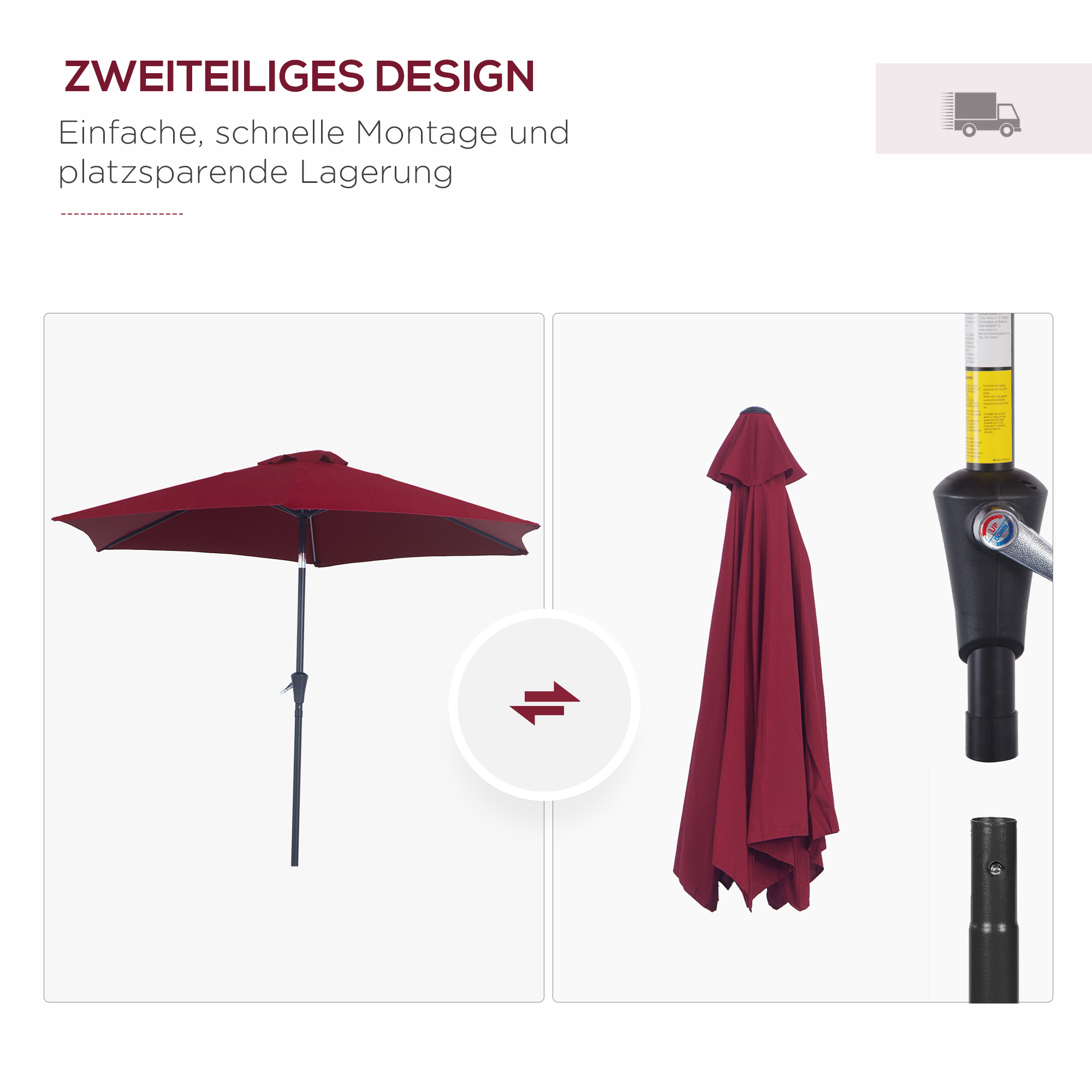 Knickschirm Sonnenschirm Gartenschirm Marktschirm mit Handkurbel Alu 180/? Polyester Rot ?2,6 x 2,35 m