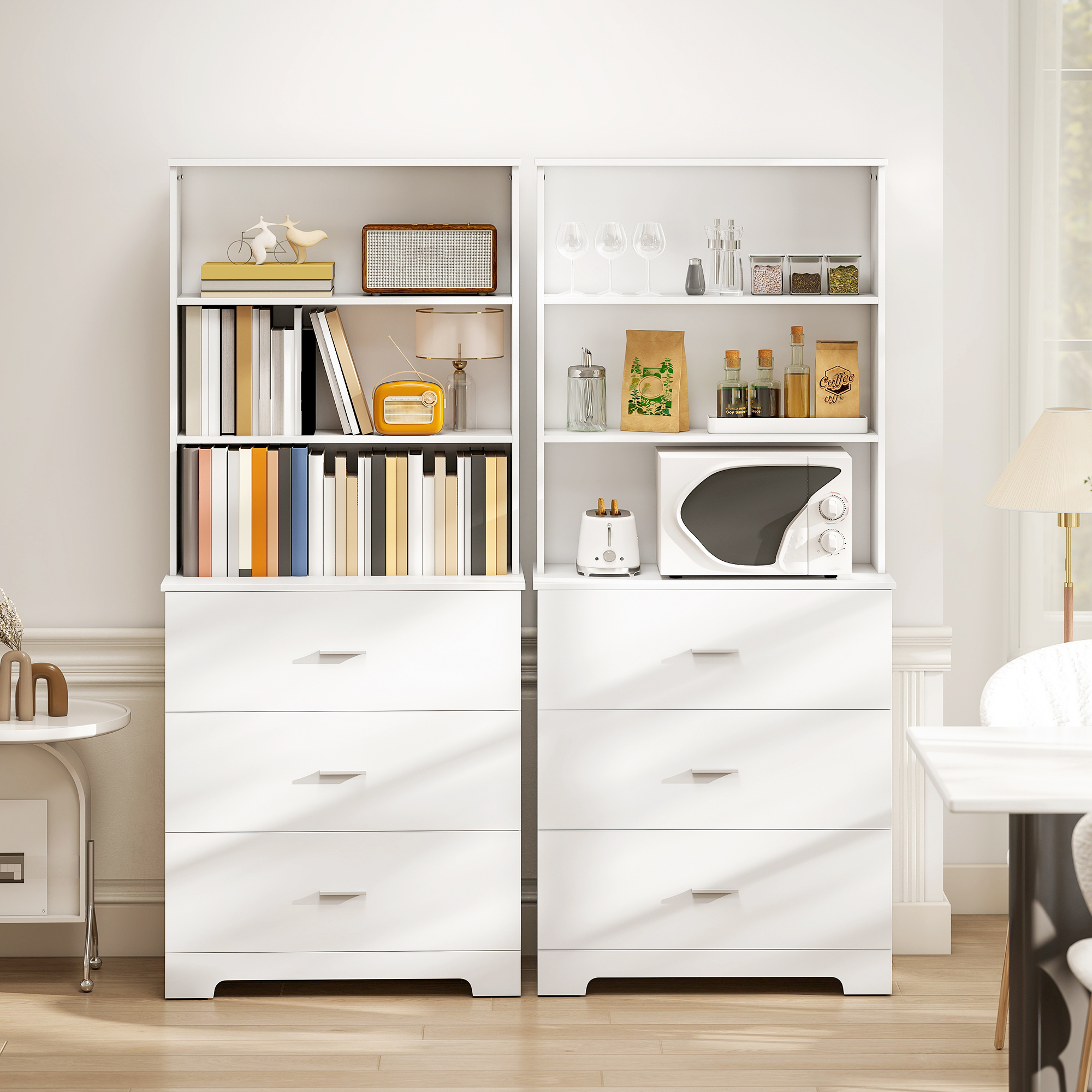 Bücherschrank Hochschrank Vitrinenschrank mit 3 Schubladen, 3 offen Regalen, für Wohnzimmer Küche, 79x39,5x180 cm, Weiß