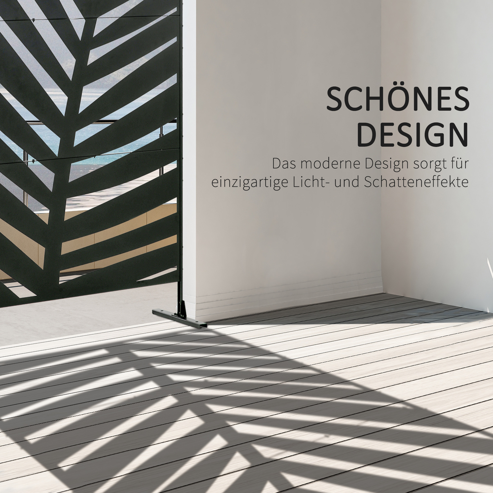 Outdoor-Sichtschutz, lackiert Stahlrahmen, Design: Palmblatt-Silhouette, 1,2 x 2 m, Schwarz