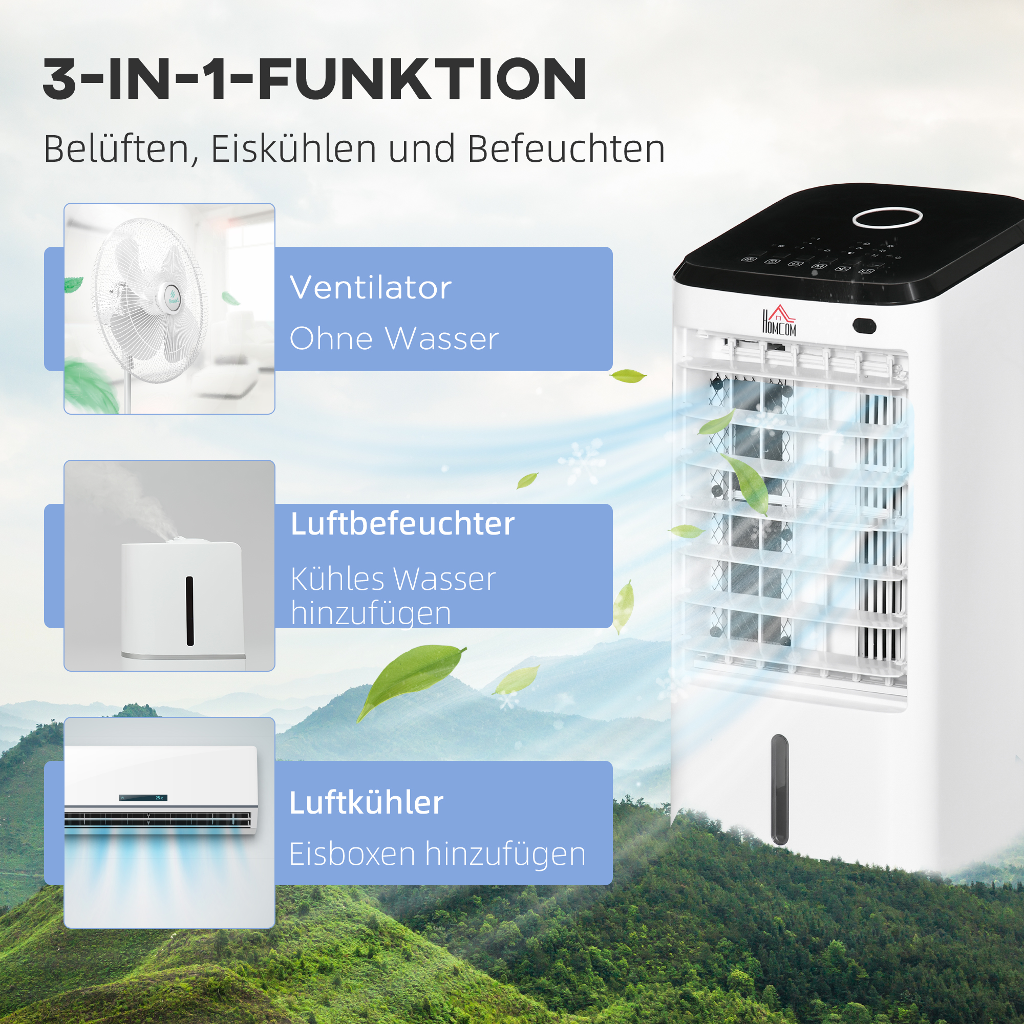 Min-Klimagerät Klimagerät Raumklimagerät, 3 Modi, Timerfunktion, 24,5 cm x 27 cm x 60 cm, Cremeweiß + Schwarz