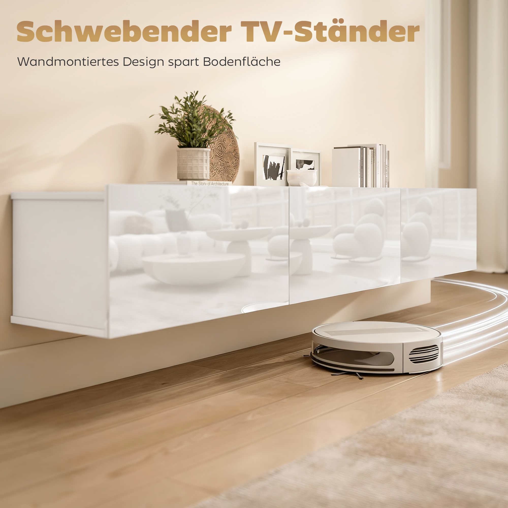 Schwebender TV-Schrank, Wandmontage, 3 Schubladen, viel Stauraum, 180 cm, Spanplatte, Weiß