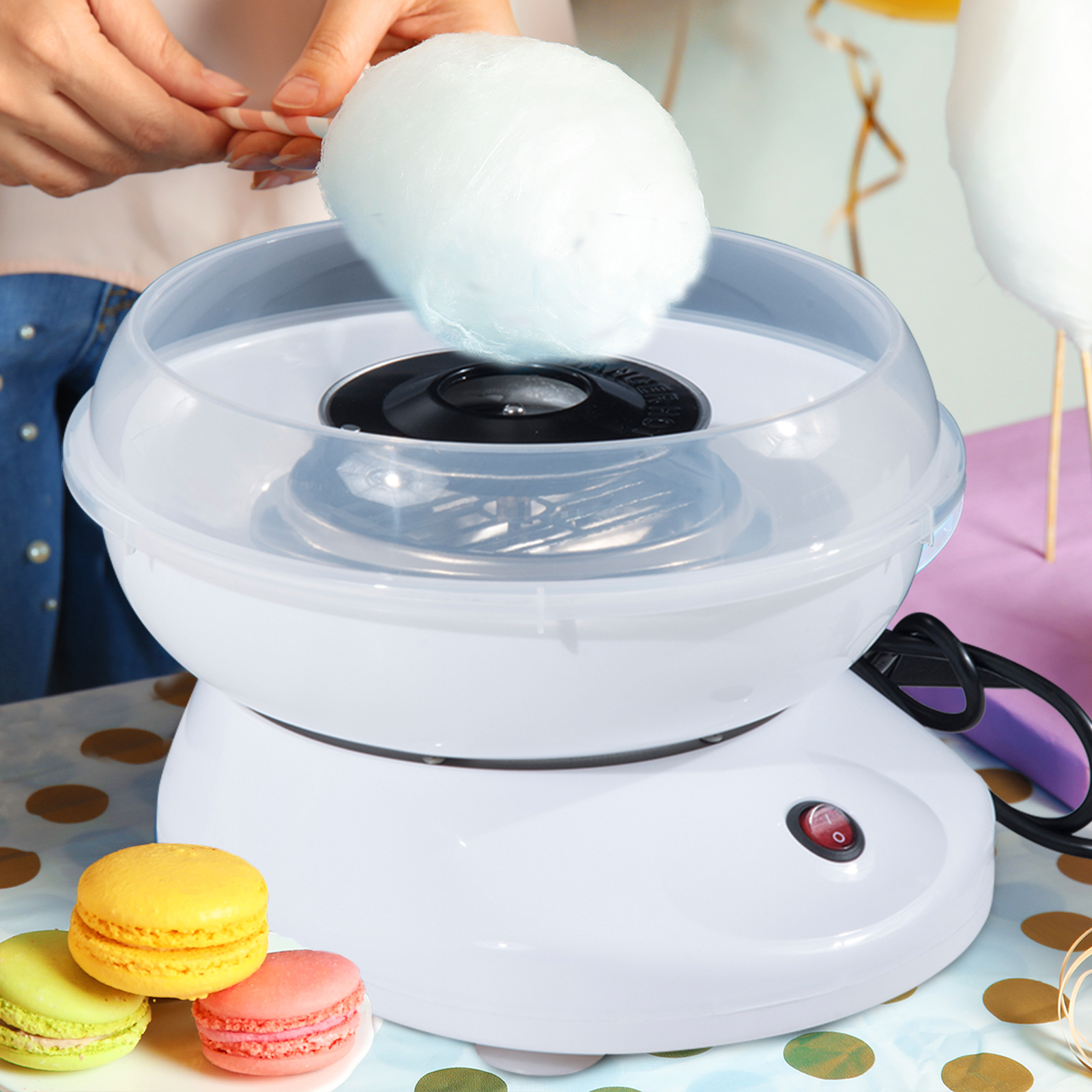 Zuckerwattemaschine für Zuhause Cotton Candy Machine Zuckerwatte Maschine mit Stäbchen und Messlöffel Höhe 18 cm 550W für Kinderfest, Geburtstag, Party Weiß