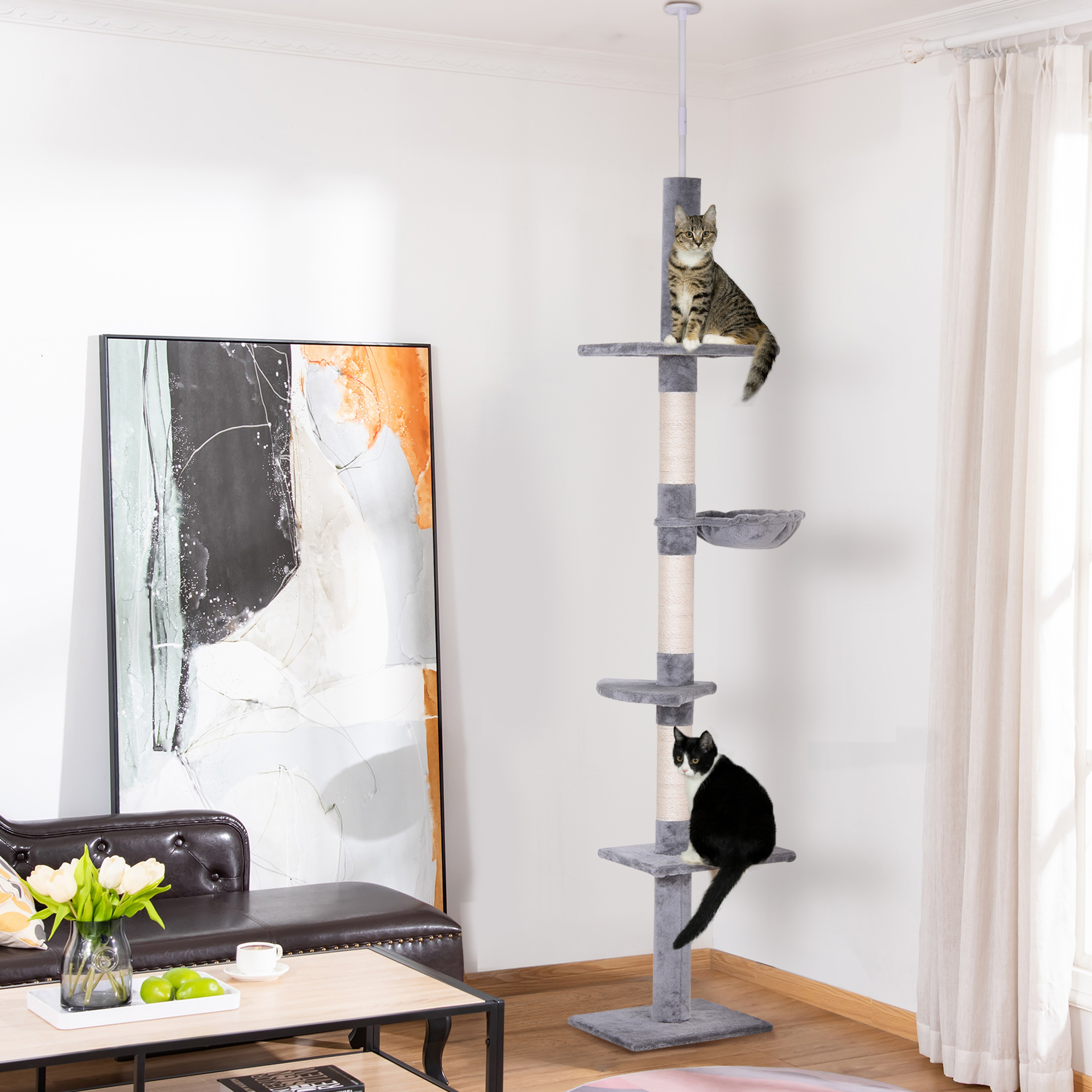 Kratzbaum Deckenhoch höhenverstellbar, stabiler Katzenbaum mit Sisalsäulen, Katzen Kletterbaum, Grau, 40 x 34 x 230-260 cm