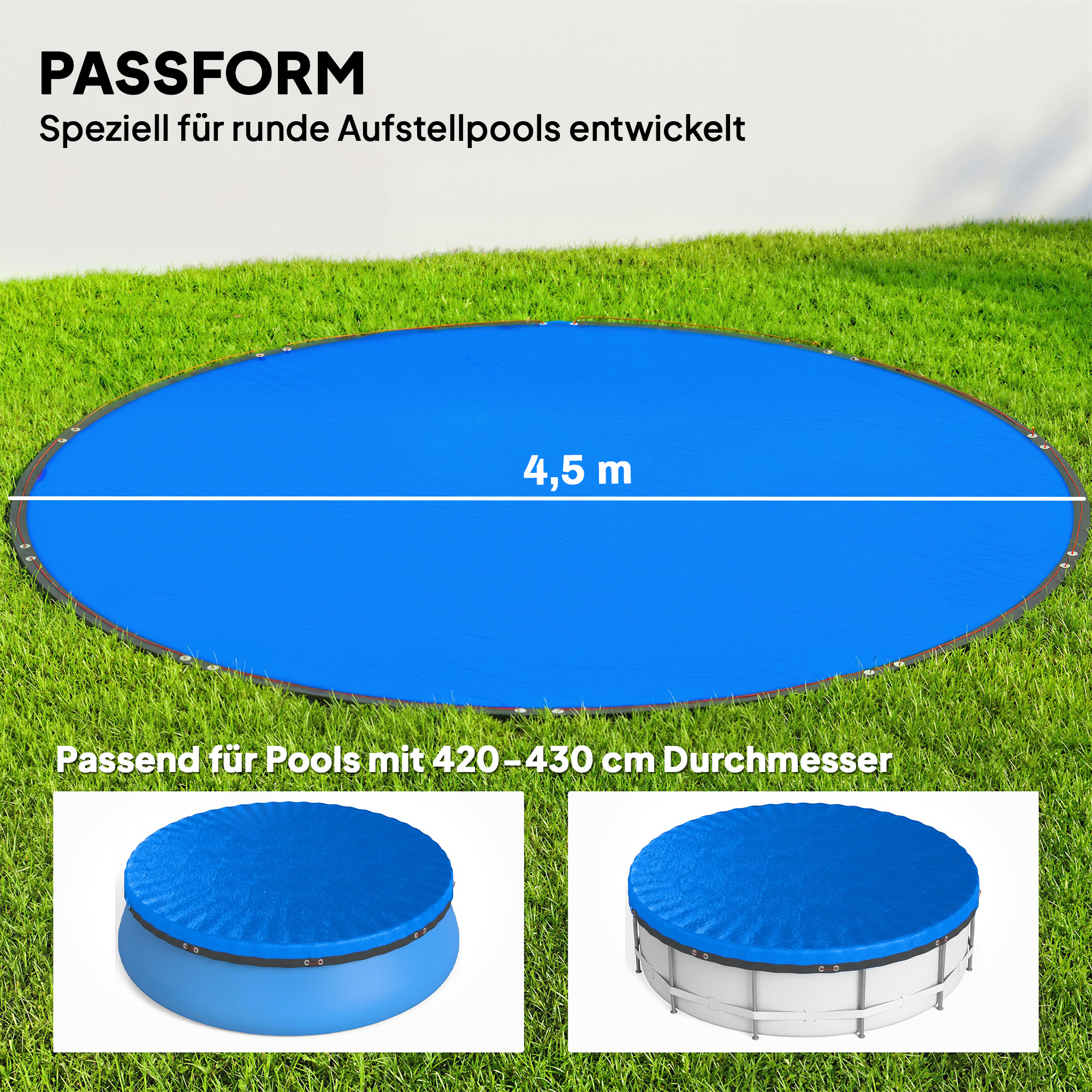 Poolabdeckung rund Ø 450 cm staub- und wasserdichte Abdeckplane mit Sicherungsseil Spanner für Sommer & Winter, Blau