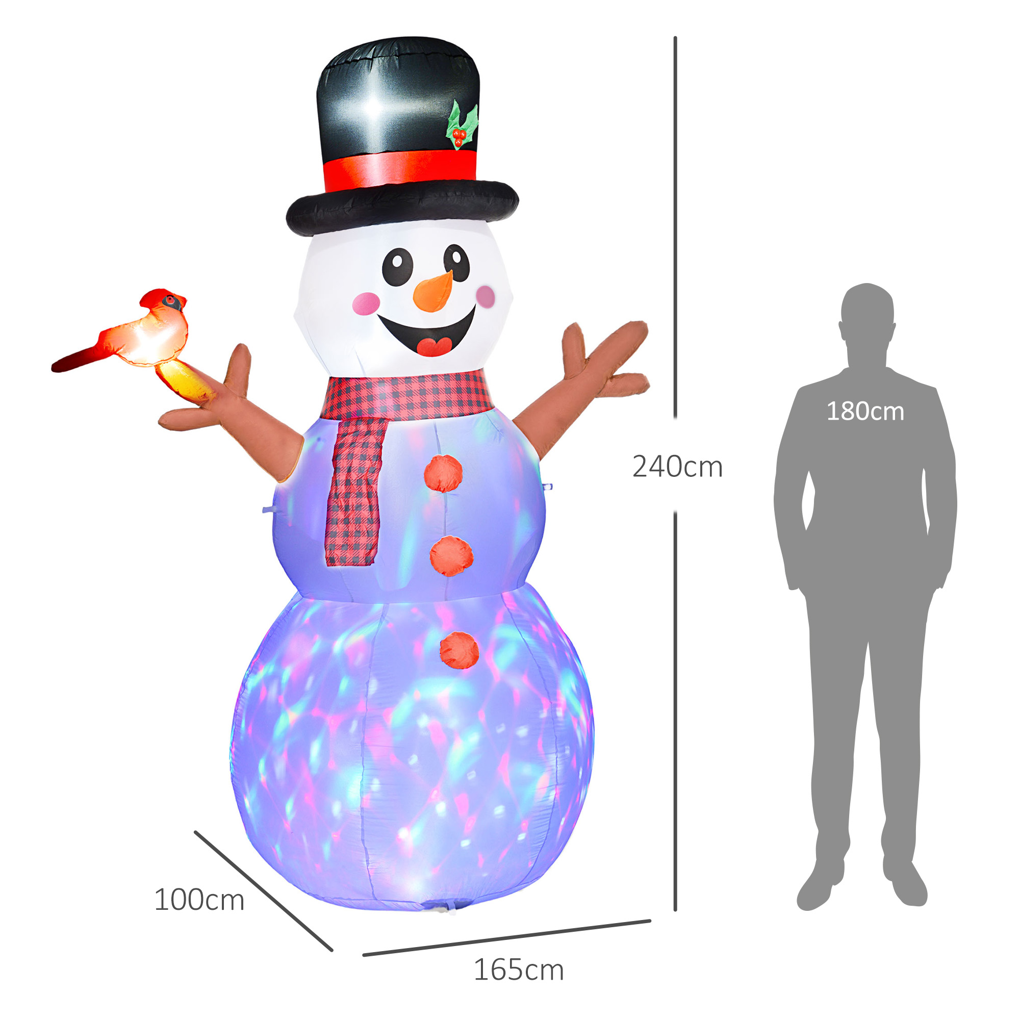 großer Schneemann, 2,40 m, Weihnachtsdeko, mit LEDs, selbstaufblasend, Polyester