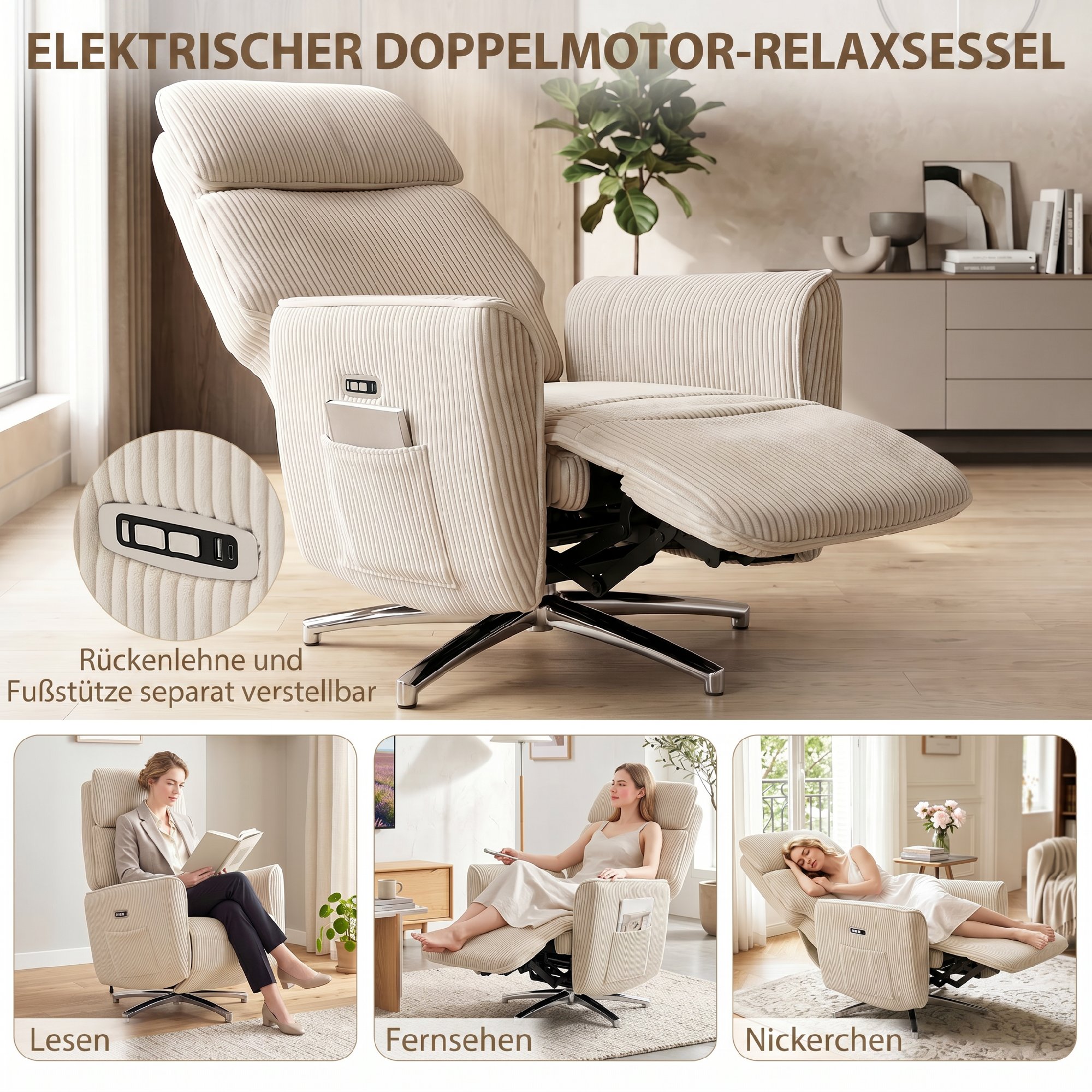 Relaxsessel Elektrisch Verstellbar Fernsessel mit Liegefunktion, 2 Motoren Drehbar TV Sessel mit USB-Anschluss