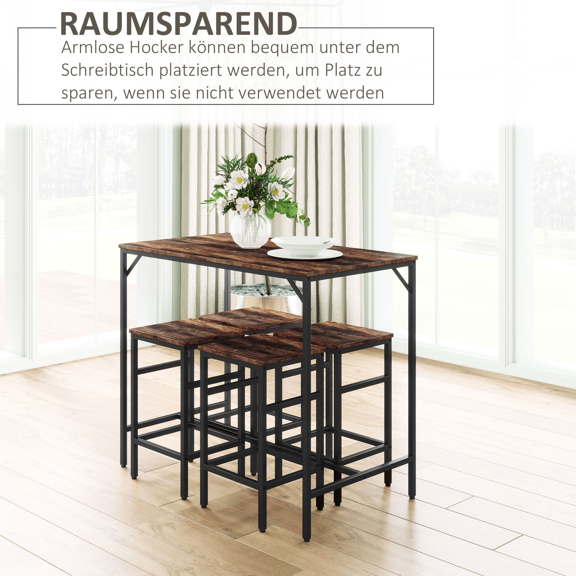 5-teiliges Bartisch Set Bartisch mit Barhocker-Set Esstisch mit 4 Stühlen Küchentisch für Esszimmer, Küche, Rustikal-Braun+Schwarz