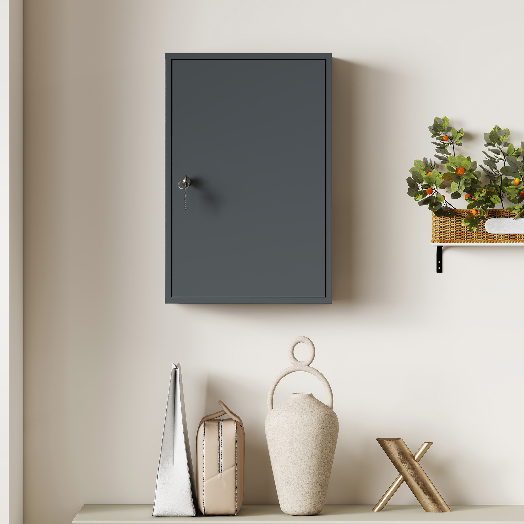 Wand-Medizinschrank, Badezimmerschrank mit 3 Regalböden, 2 Schlüsseln, 40 x 18 x 60 cm, Grau