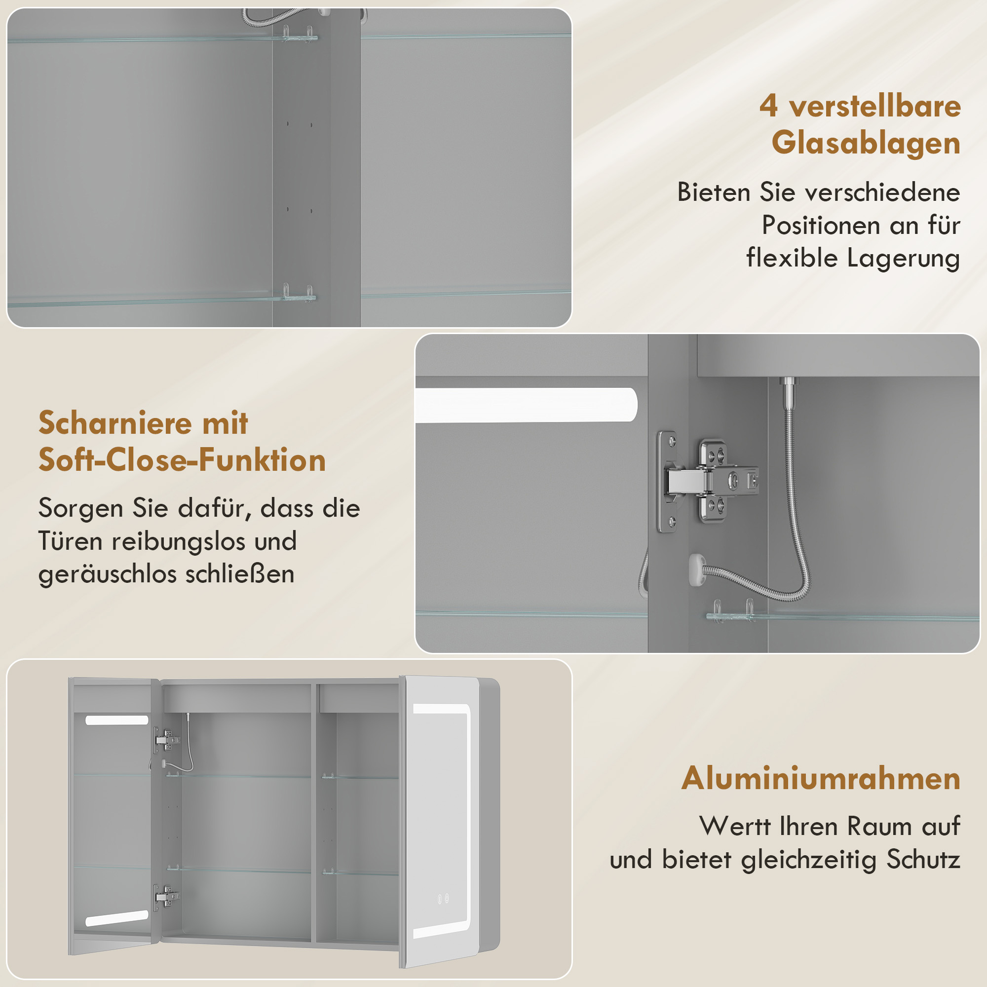 Spiegelschrank für das Badezimmer mit LED-Beleuchtung, 60 x 80 cm Badschrank mit Anti-Beschlag, 3-fach dimmbare