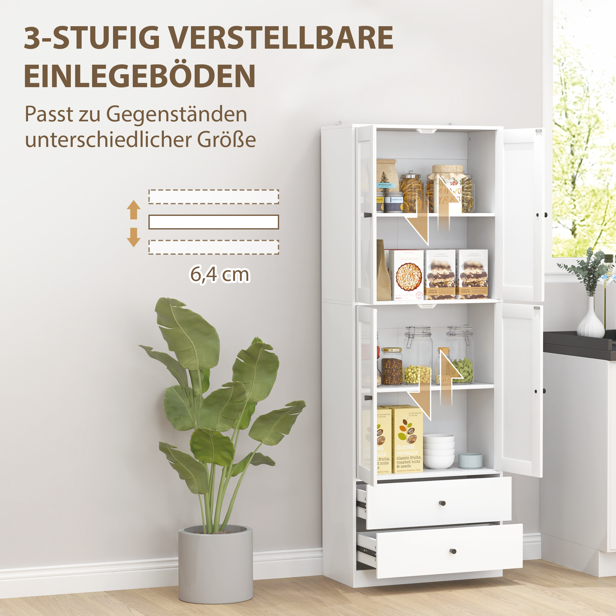 Küchenschrank mit Schubladen und Glastüren, Melamin-Oberfläche, Weiß