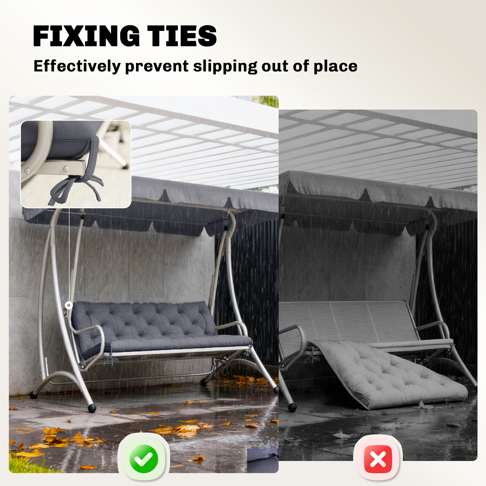 3 Sitzer Bankauflage 150 x 98 x 8 cm Sitzkissen mit Bändern Rückenkissen für Indoor/Outdoor Polster Auflage für Sitzbank Gartenbank Gartenmöbel Hollywoodschaukeln Dunkelgrau