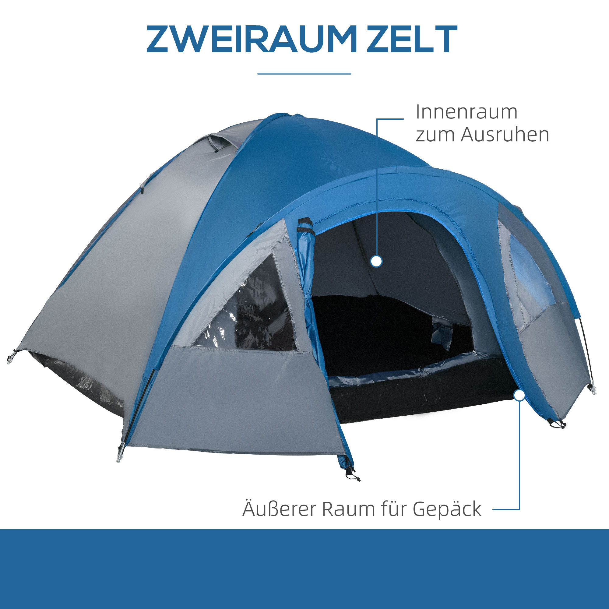 Campingzelt für 4 Personen ganzjährig nutzbar 3,00 x 2,50 x 1,30m Blau+Grau