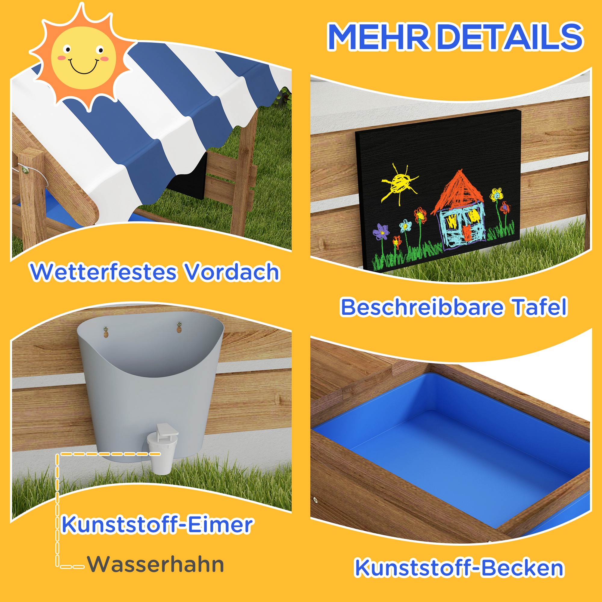 Sandkasten mit Sonnenschutz, Spielhaus-Design, mit Spielzeug-Set, behandeltes Massivholz, 124 x 116 x 146 cm, Braun