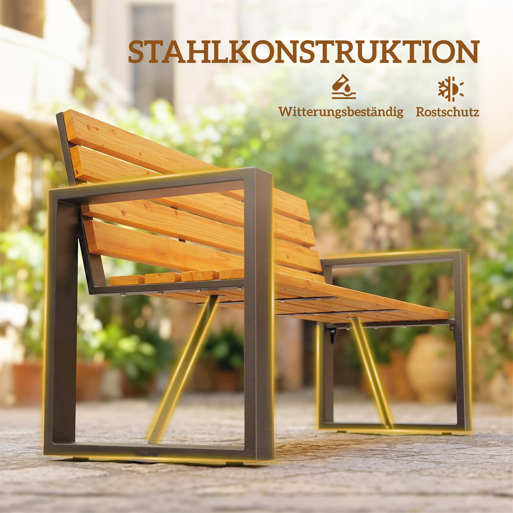Gartenbank 2-Sitzer Wetterfest Holzbank mit Lamelldesign Armlehnen, Holz Sitzbank bis 240 kg Naturholz