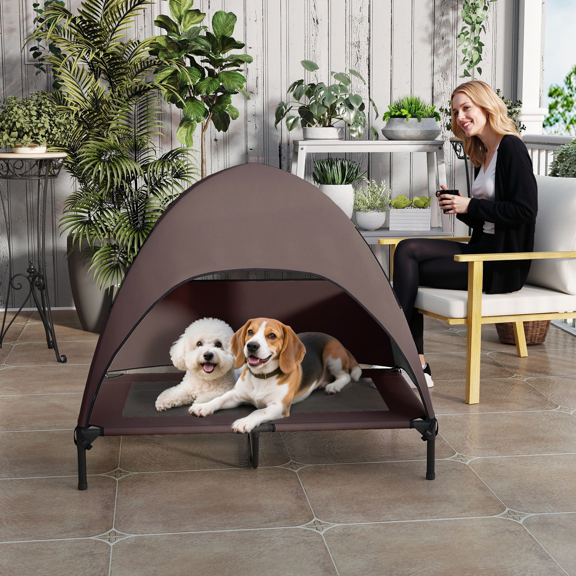 Hundeliege Outdoor mit Dach, erhöhtes Hundebett für Große Hunde, 106 x 76 x 99 cm, Kaffee
