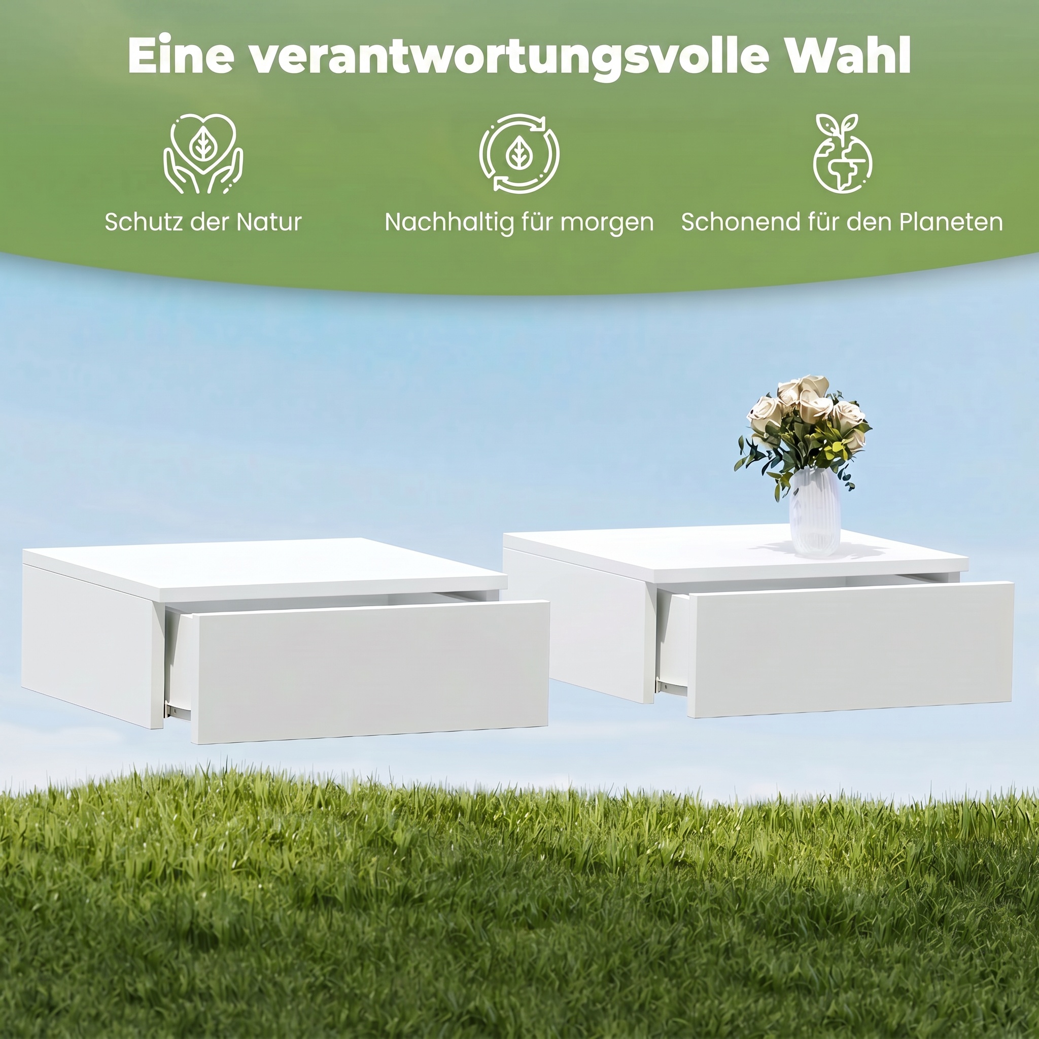 2er-Set Nachttische, wandmontiertes Design, Schublade, für Schlafzimmer, Spanplatte, Weiß