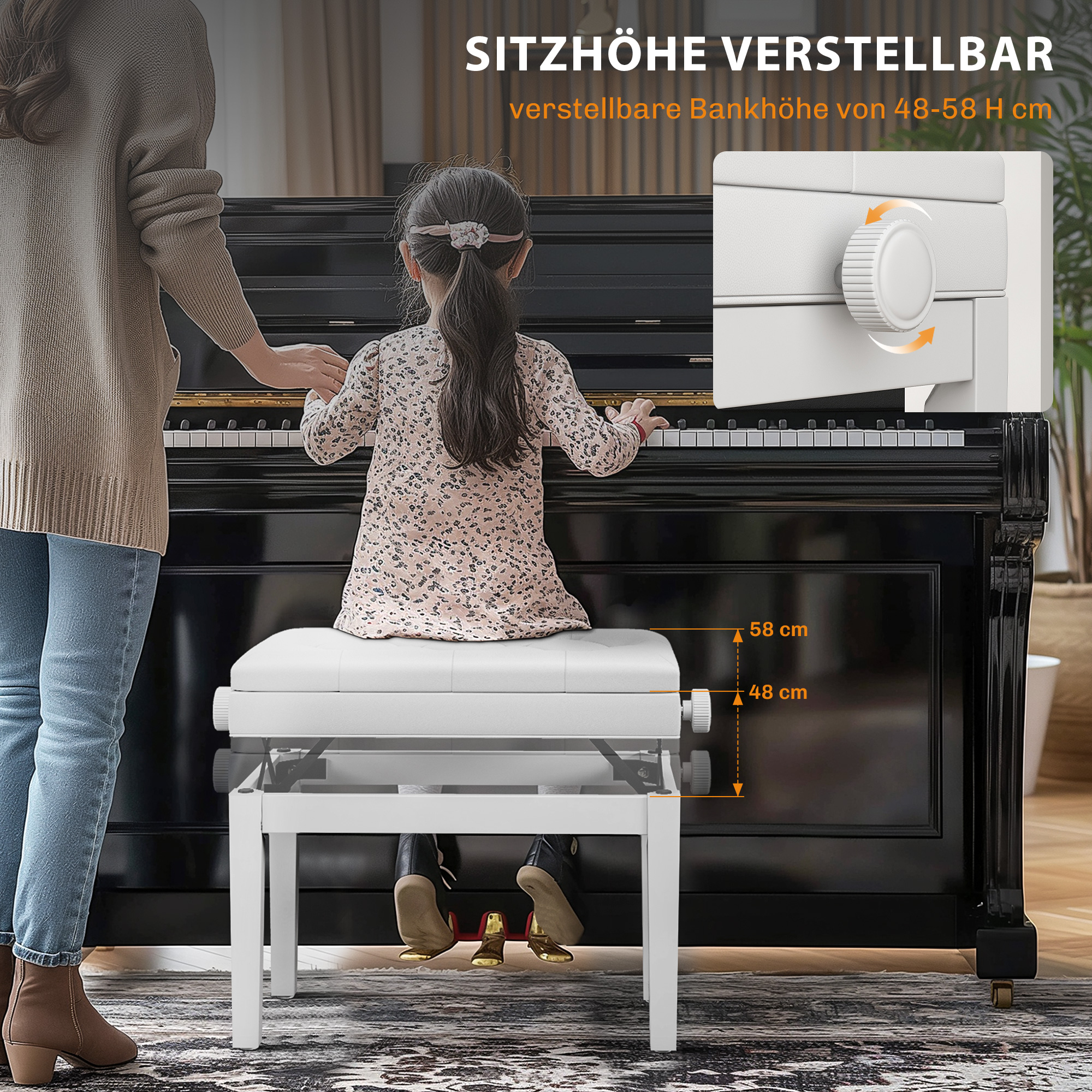 Klavierbank Höhenverstellbar Sitzbank mit Stauraum, Holzbeine, aus Kunstleder, 54,5 x 33 x 48-58 cm, Weiß