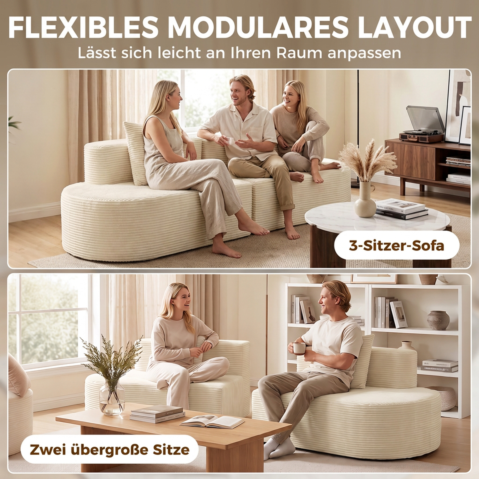 3-Sitzer-Sofa, modulares Cloud-Sofa ohne festen Rahmen, breite & tiefe Sitzfläche, Federpolsterung, Kordbezug, Beige
