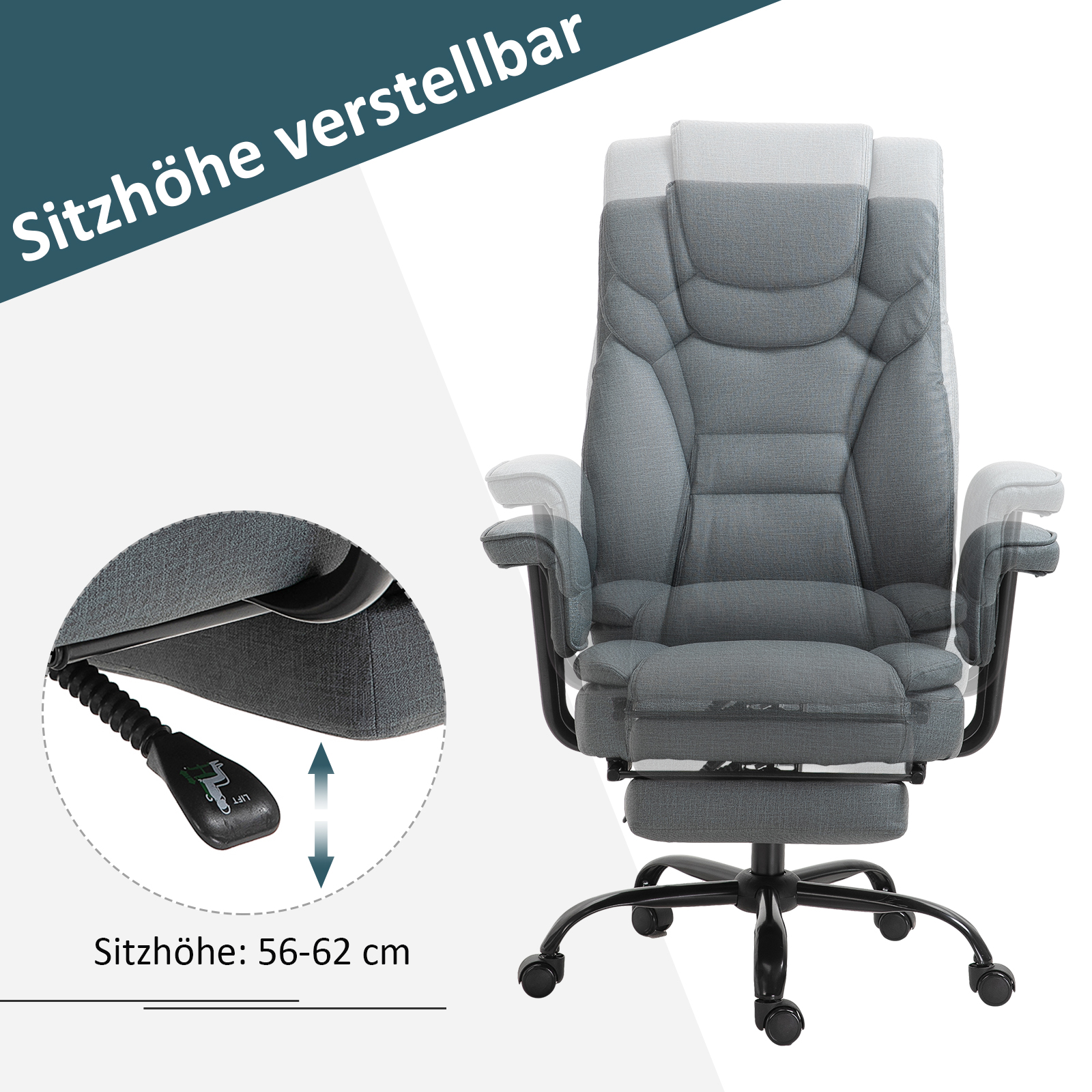 Bürostuhl Ergonomischer Chefsessel 360° Drehbar Computerstuhl höhenverstellbar mit Kopfstütze und gepolsterte Armlehnen mit Fußstütze Kunstleder 68 x 80 x 120–126 cm