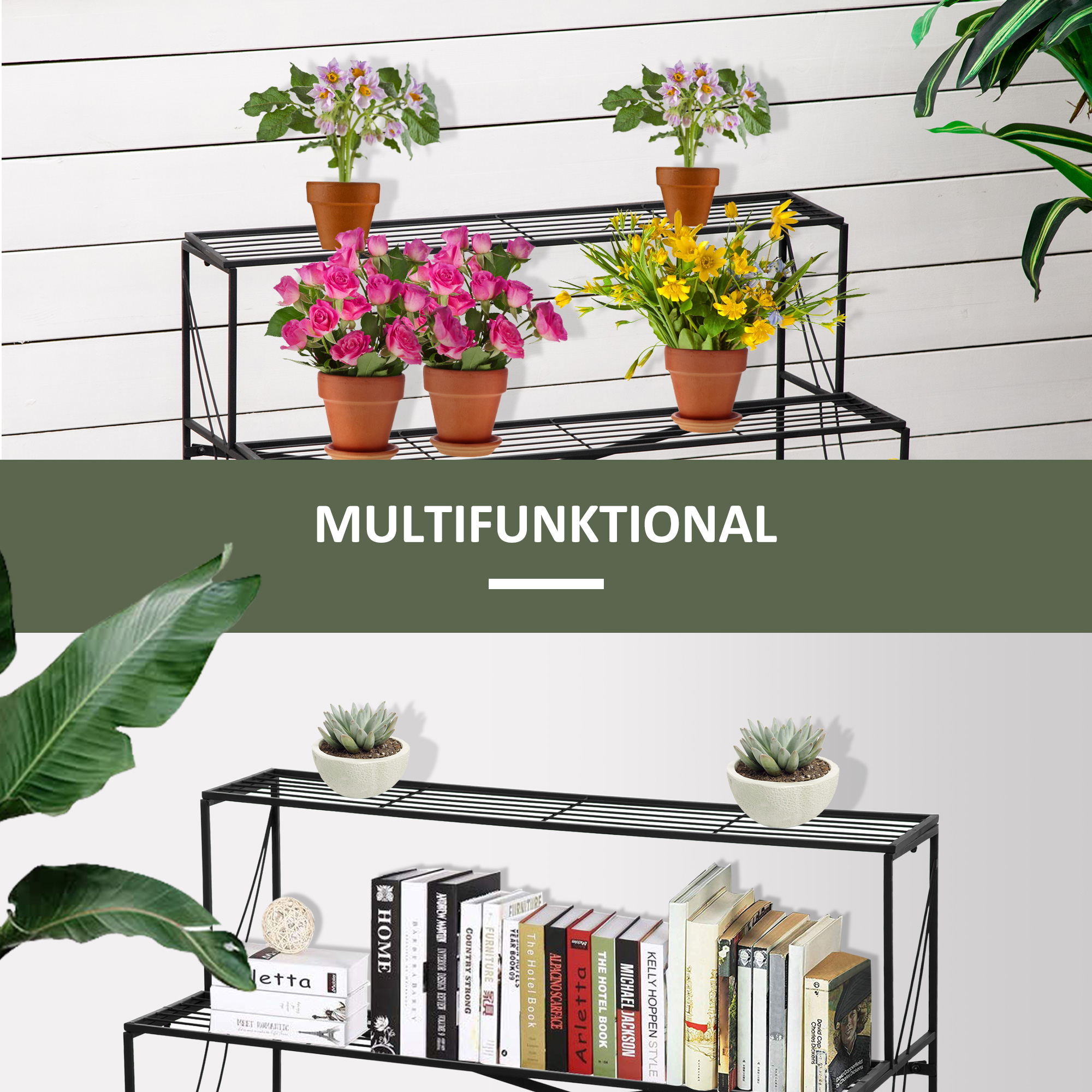 Blumenständer Blumenregal aus Metall 3 Stufen Pflanzenregal Blumentreppe  für innen und außen Garten Balkon Schwarz 95 x 63 x 72 cm