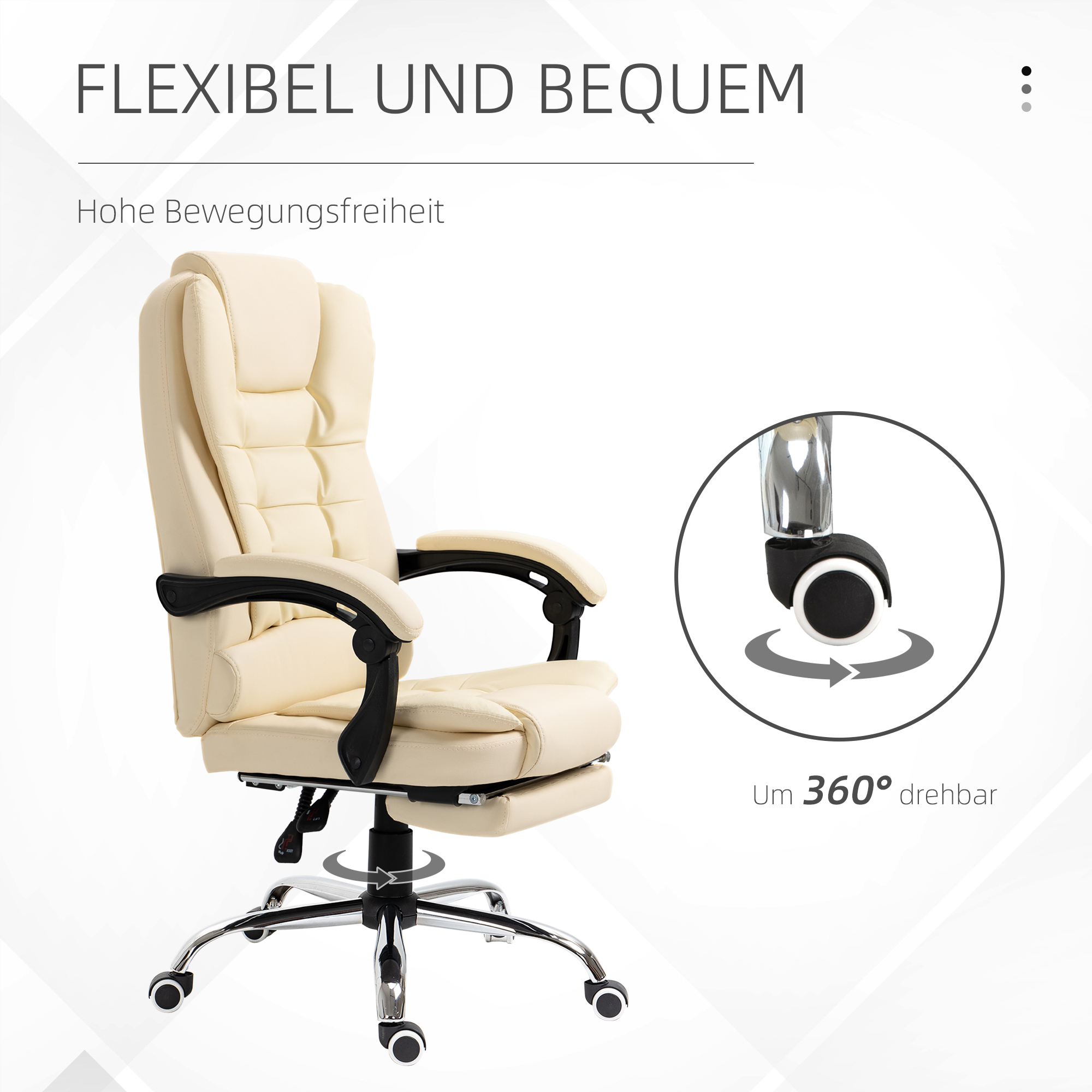 Bürostuhl mit Fußstütze, Schreibtischstuhl, verstellbare Rückenlehne, höhenverstellbar, Creme + Schwarz + Silber