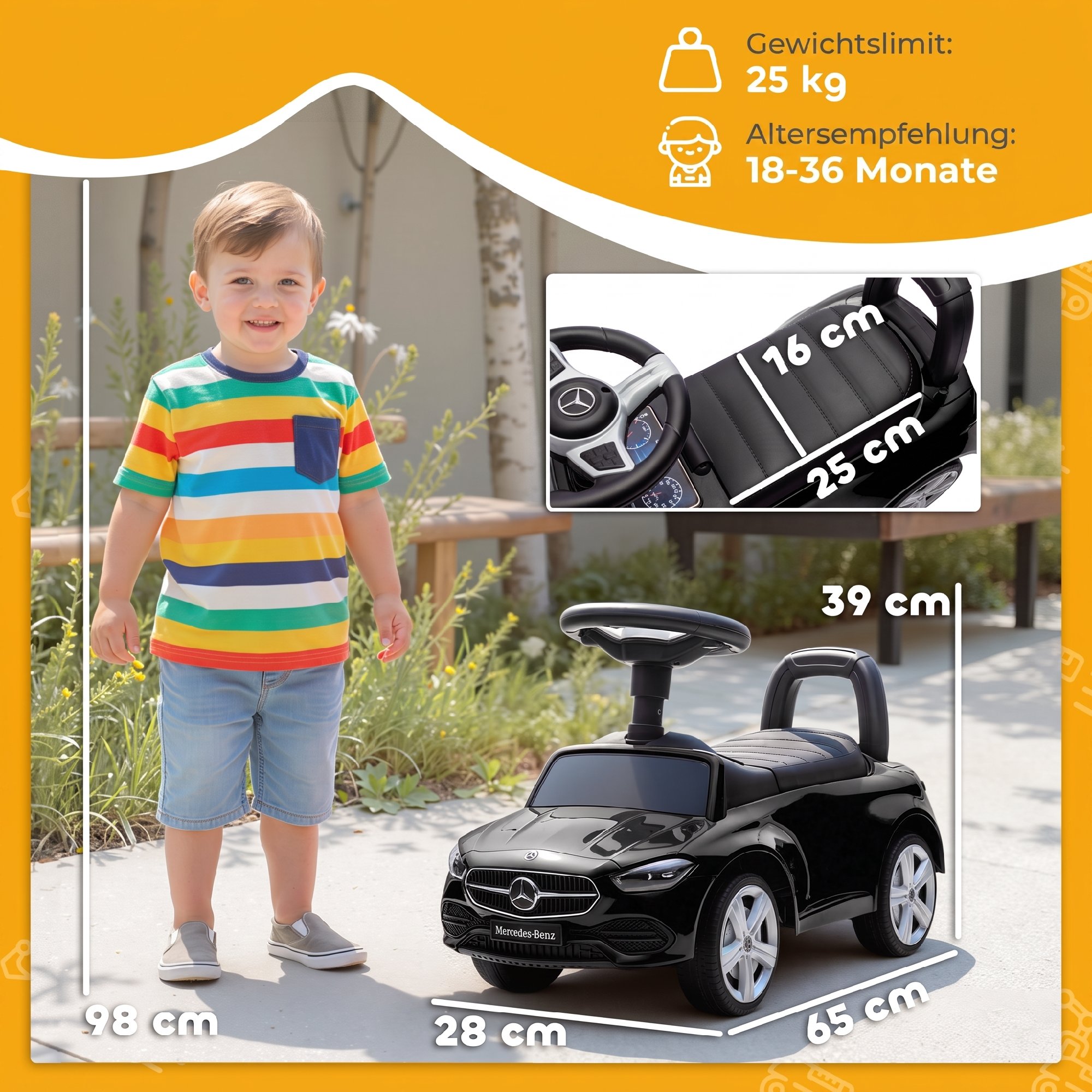 Mercedes-Benz C-Class Rutschauto mit Hupe, Motorgeräuschen, Stauraum, für Kinder 18-36 Monate, Schwarz