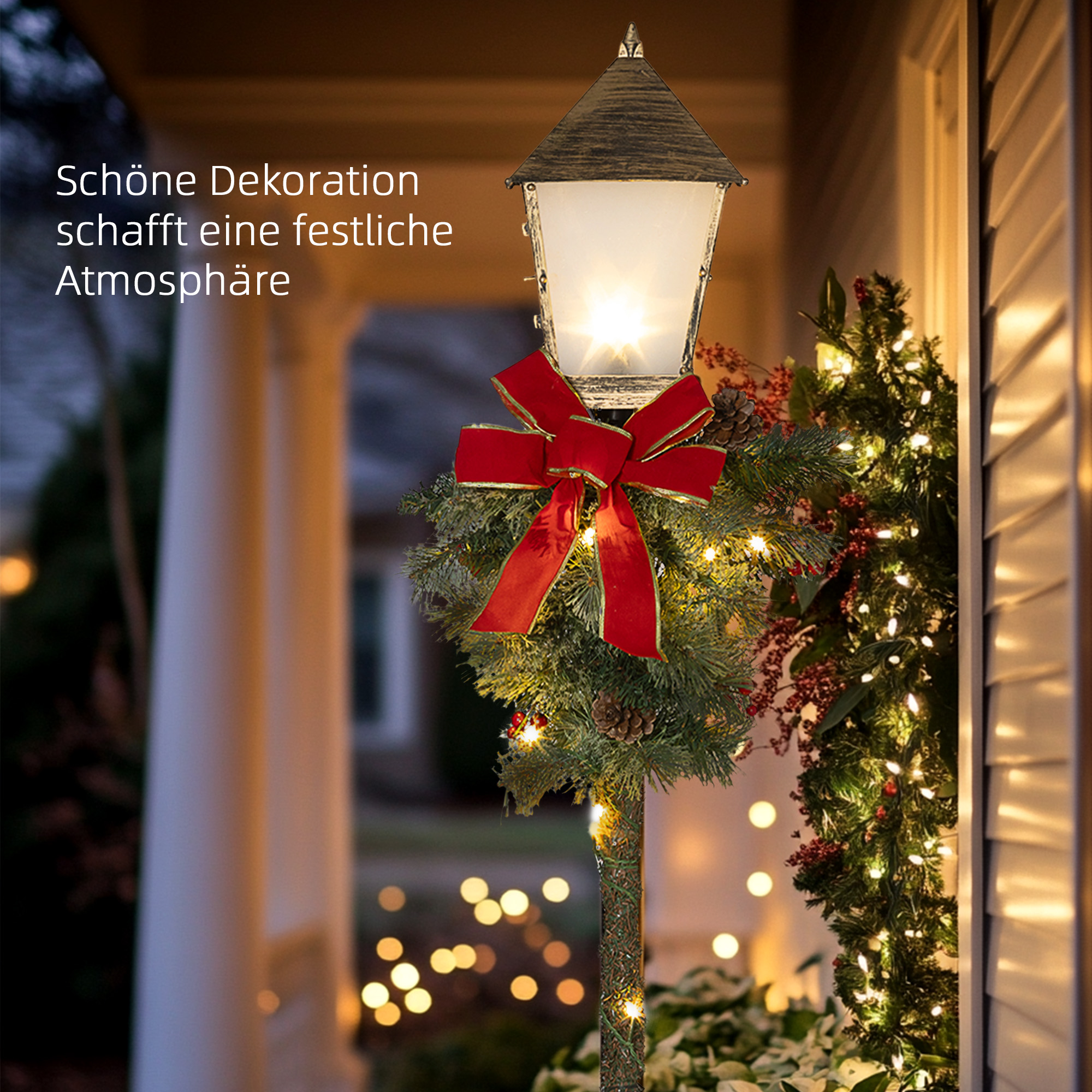 Weihnachtslaterne mit Beeren, Zapfen & Schleife, LED-Lichter, Metallmast, 150 cm